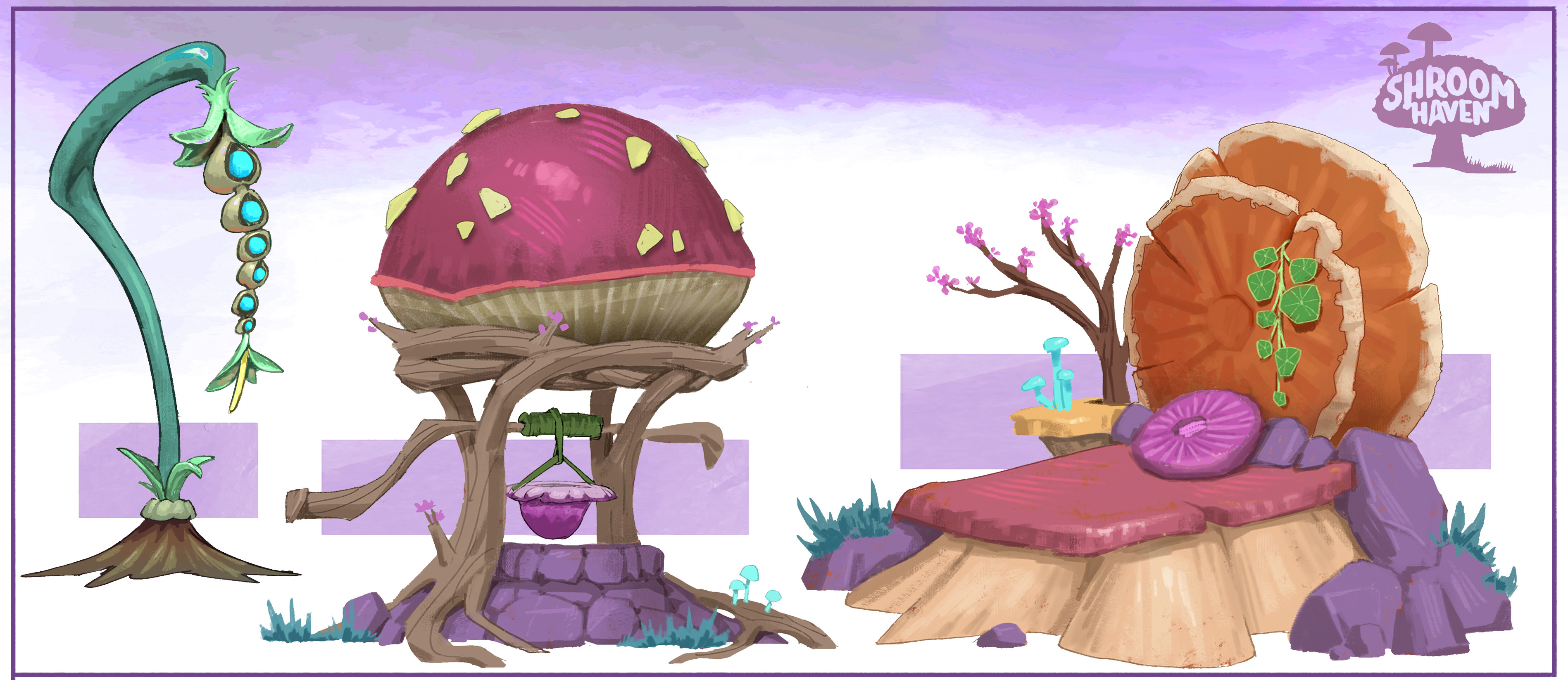 Shroom Haven Props II. A lamppost of bioluminescent spores. A well to draw pure water from deep below the grotto. A bed to lay your cap at the end of a long day. 