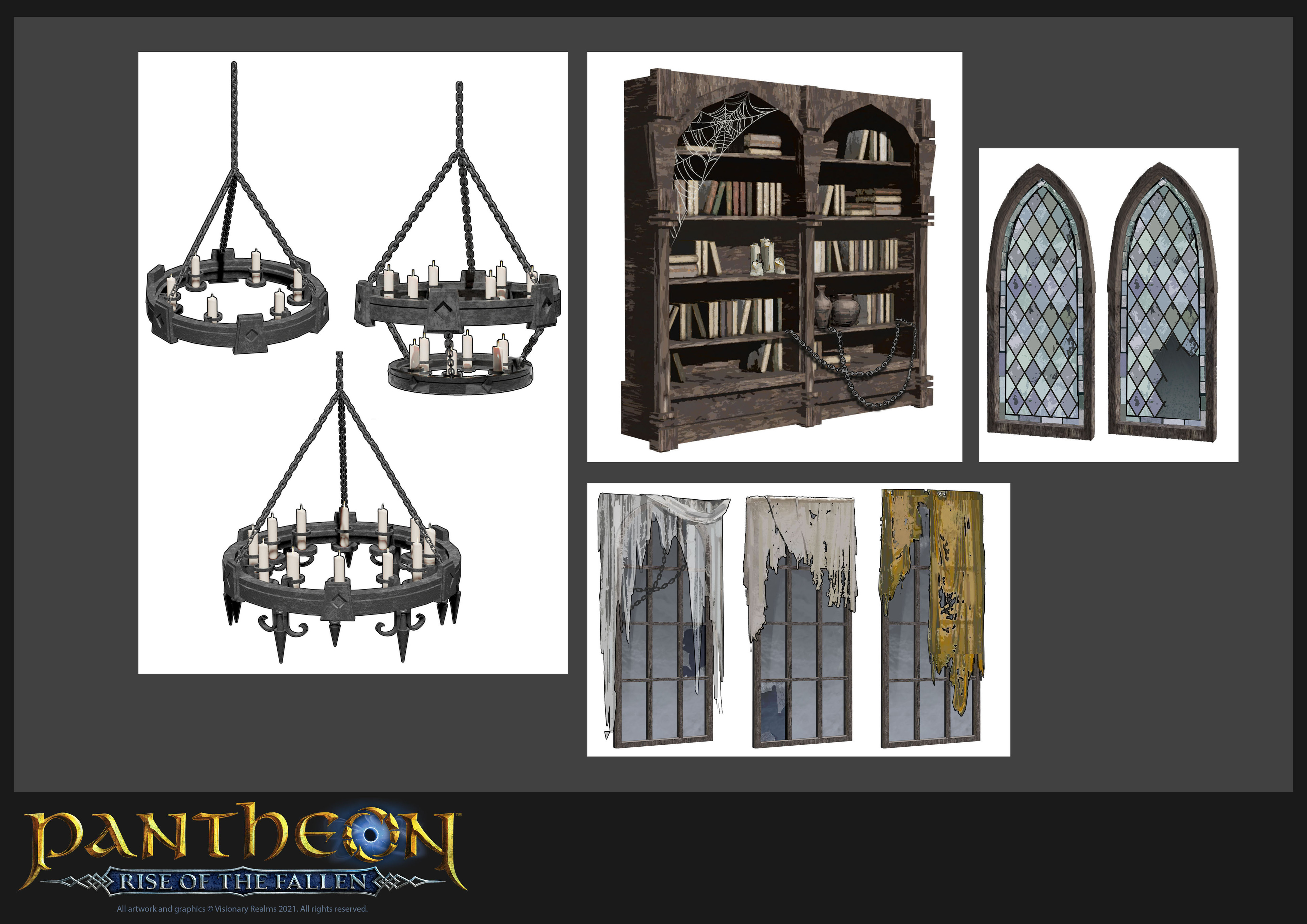 Props: chandeliers, book shelves, windows.