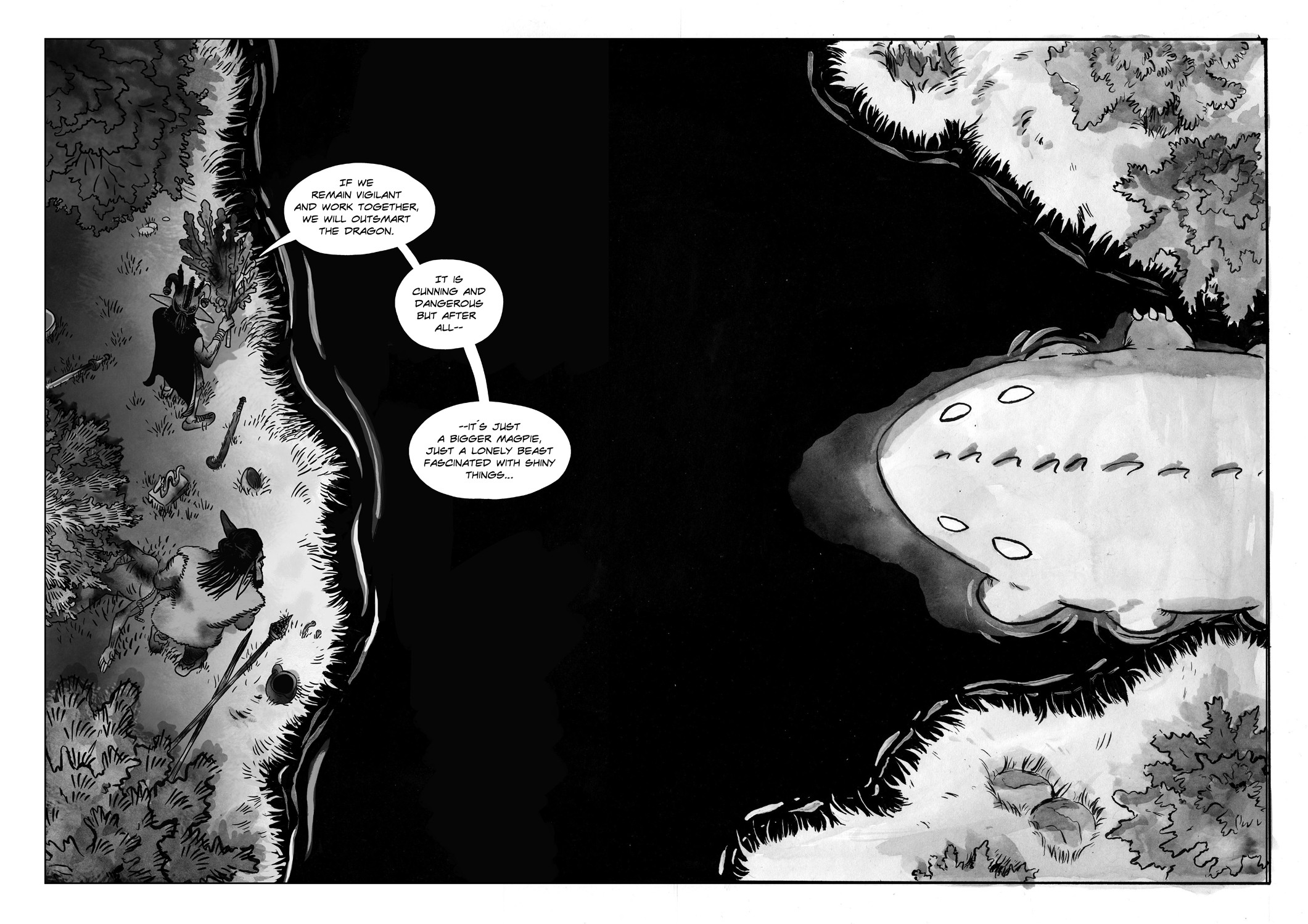 The right side of the page is by Sam Held, who did the counter story from the view point of the dragon. His story also ends at this lake/marsh.