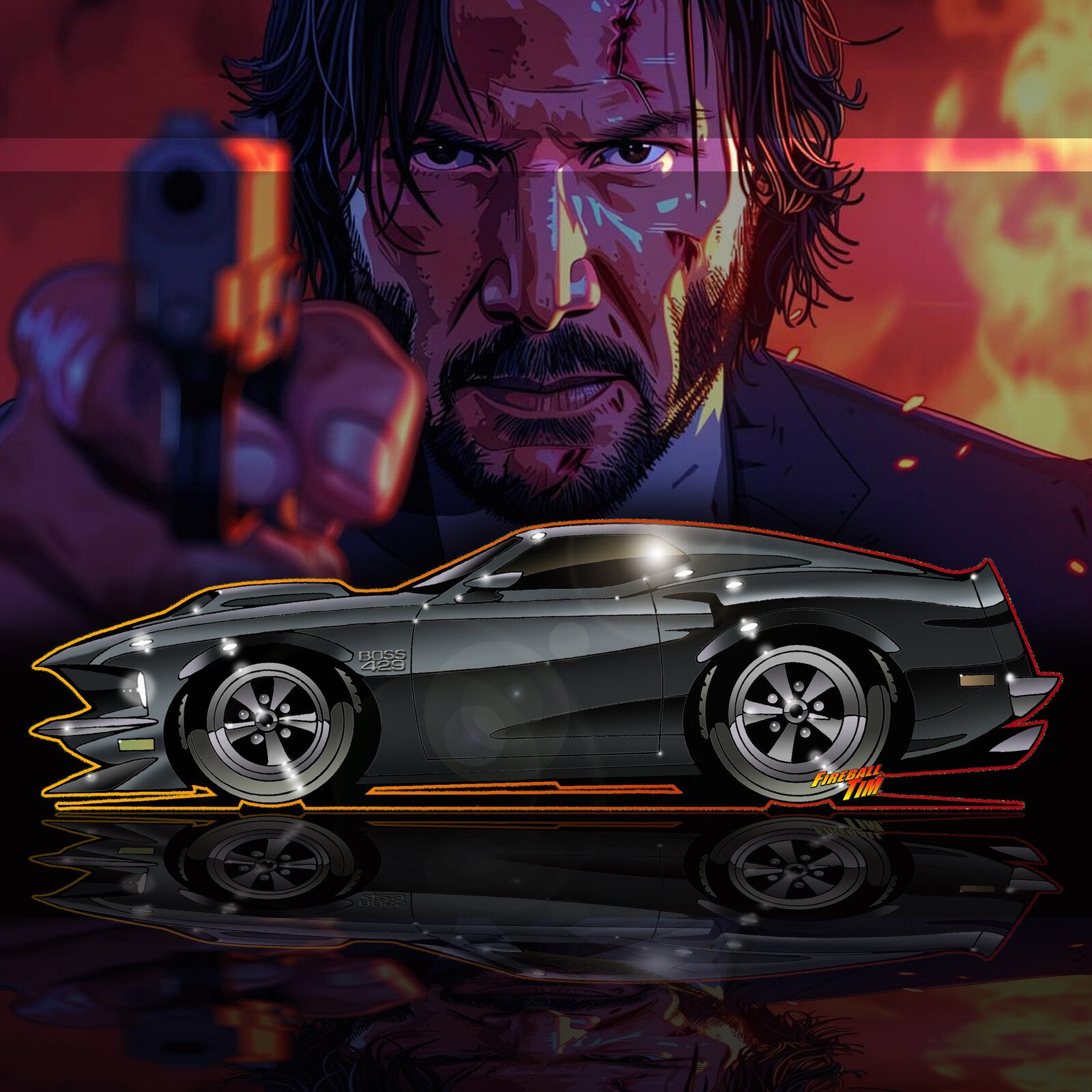 John Wick Mustang Art in Hitman Gray by Fireball Tim