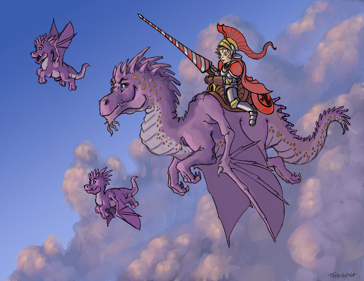 Children's book illustration of a dragon knight.