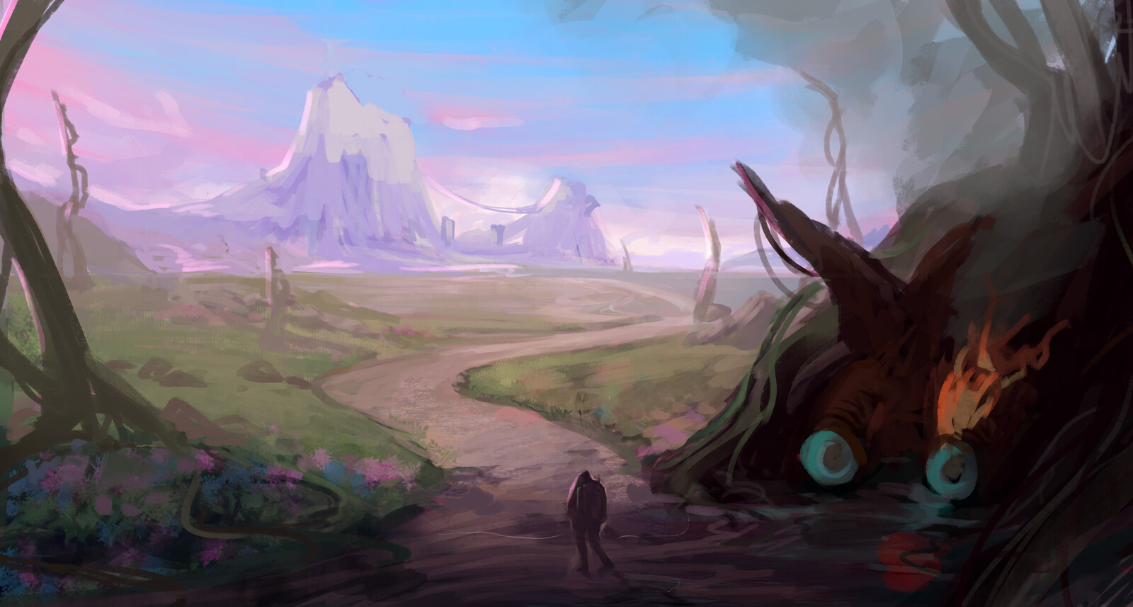 A crashed spaceship lands on an unusual planet. The pilot is injured and looks into the distance and sees a bridge with a building on the mountains. He decides to go there for help. 