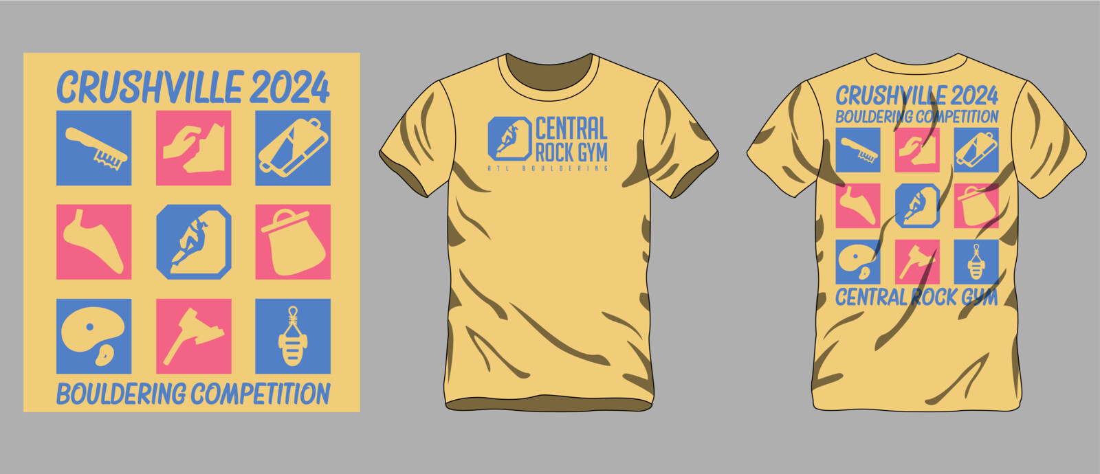 2024 T-shirt design for Central Rock Gym Atlanta Bouldering's annual Crushville bouldering competition.