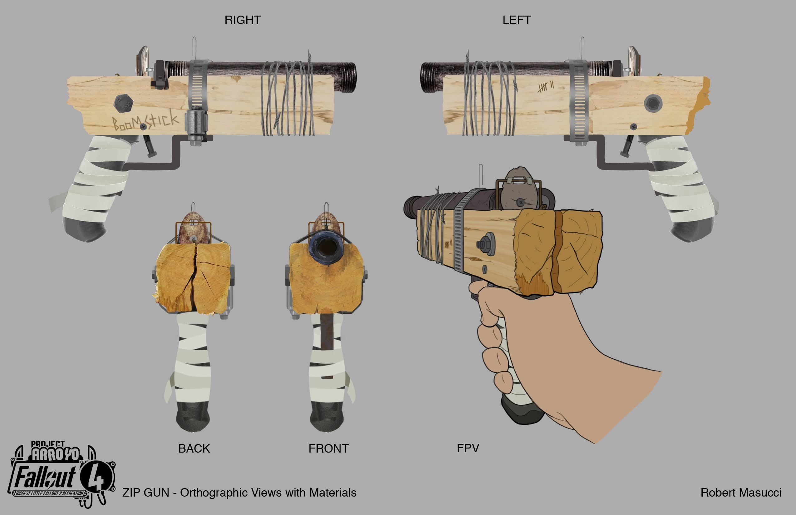 Orthographic views with indication of materials.