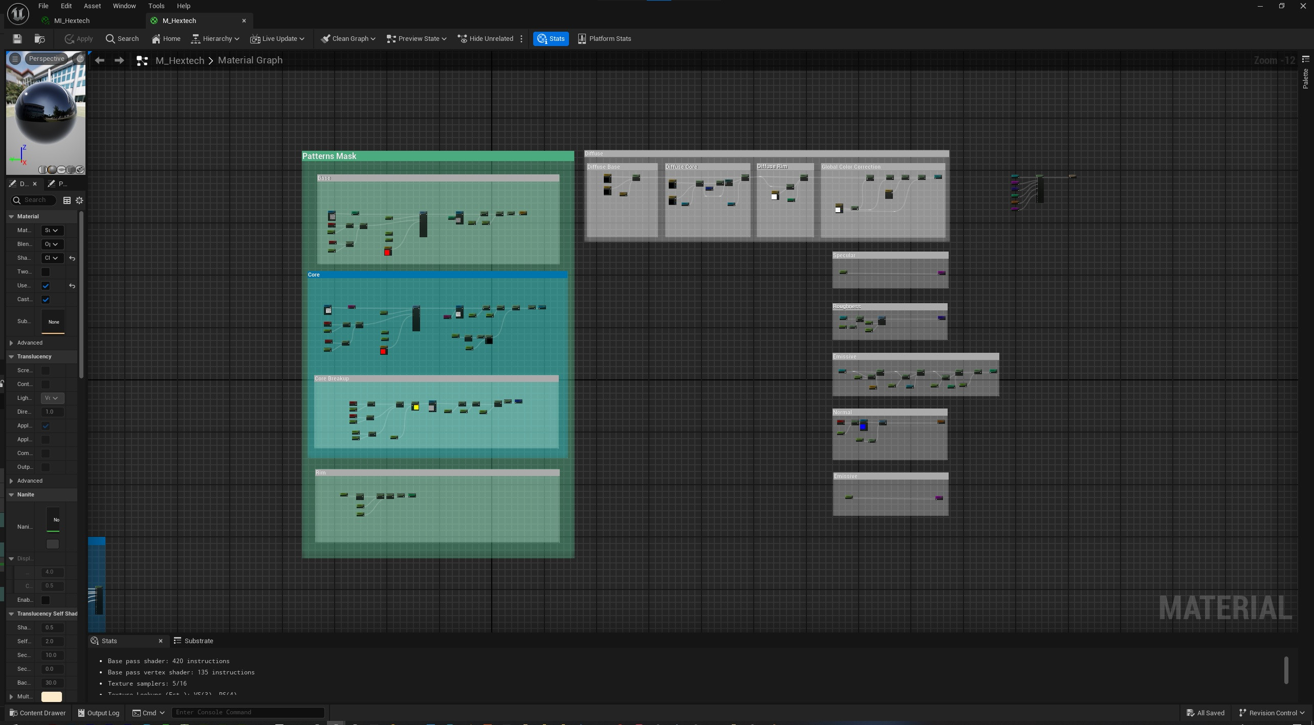 Hextech Shader setup,
In order to start I was splitting the task to different elements, Base, Core &amp; Breakup and Rim.
This way I was able to create separate masks so I can use them later
