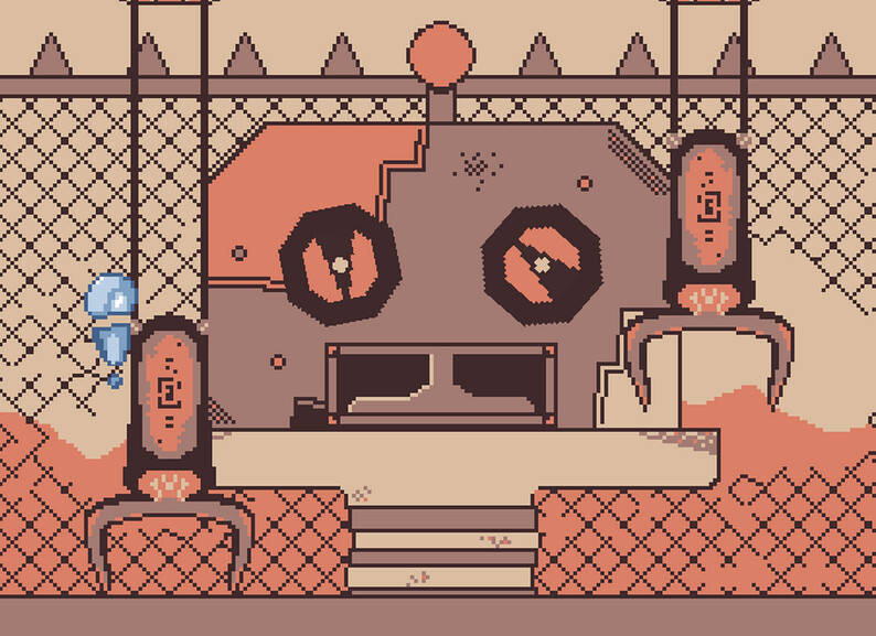 You fight a rusty trash compressor! Dodge his attacks or be crushed!
