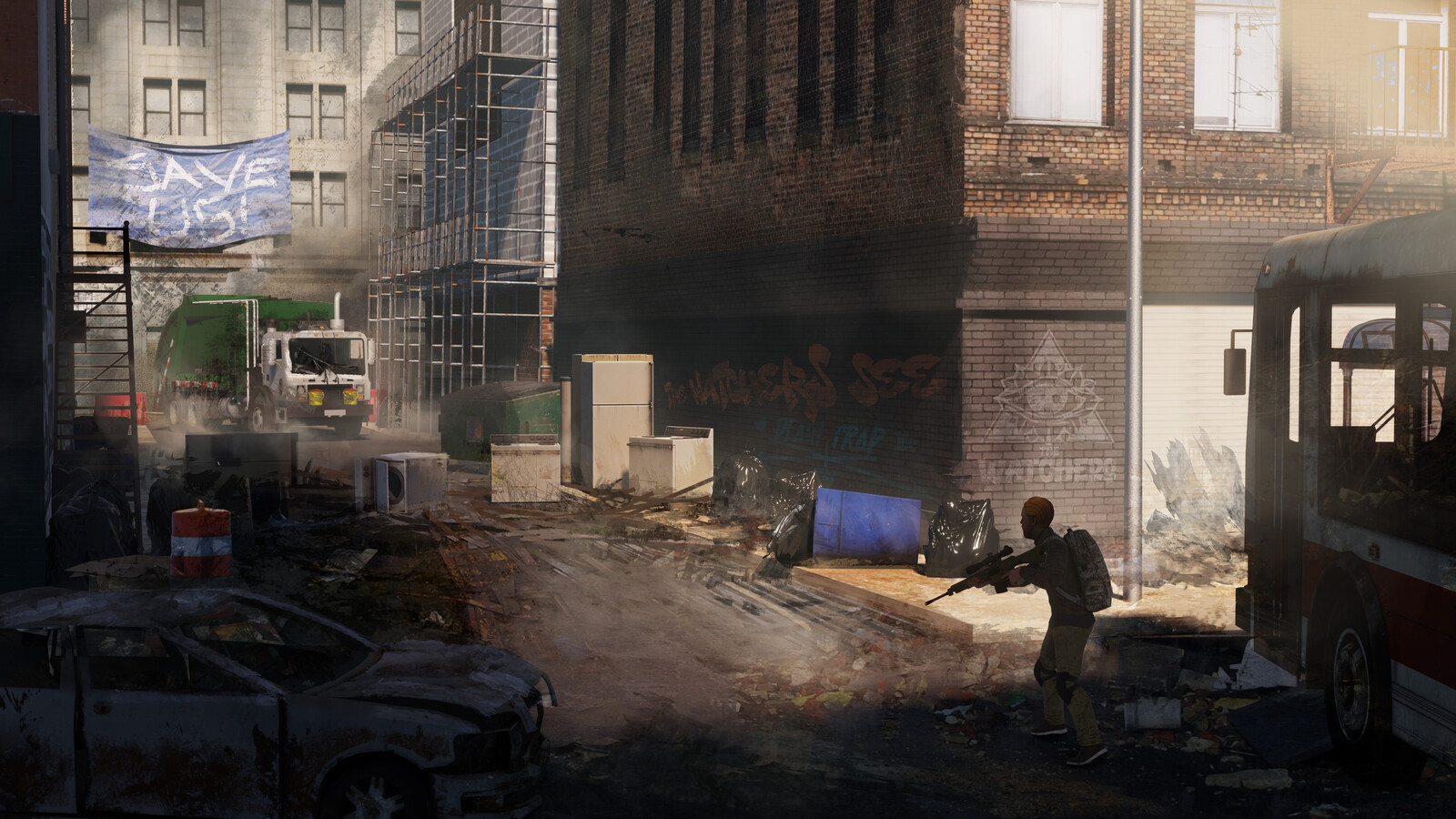 Not sure about the flaming bus, but this alley looks inviting...