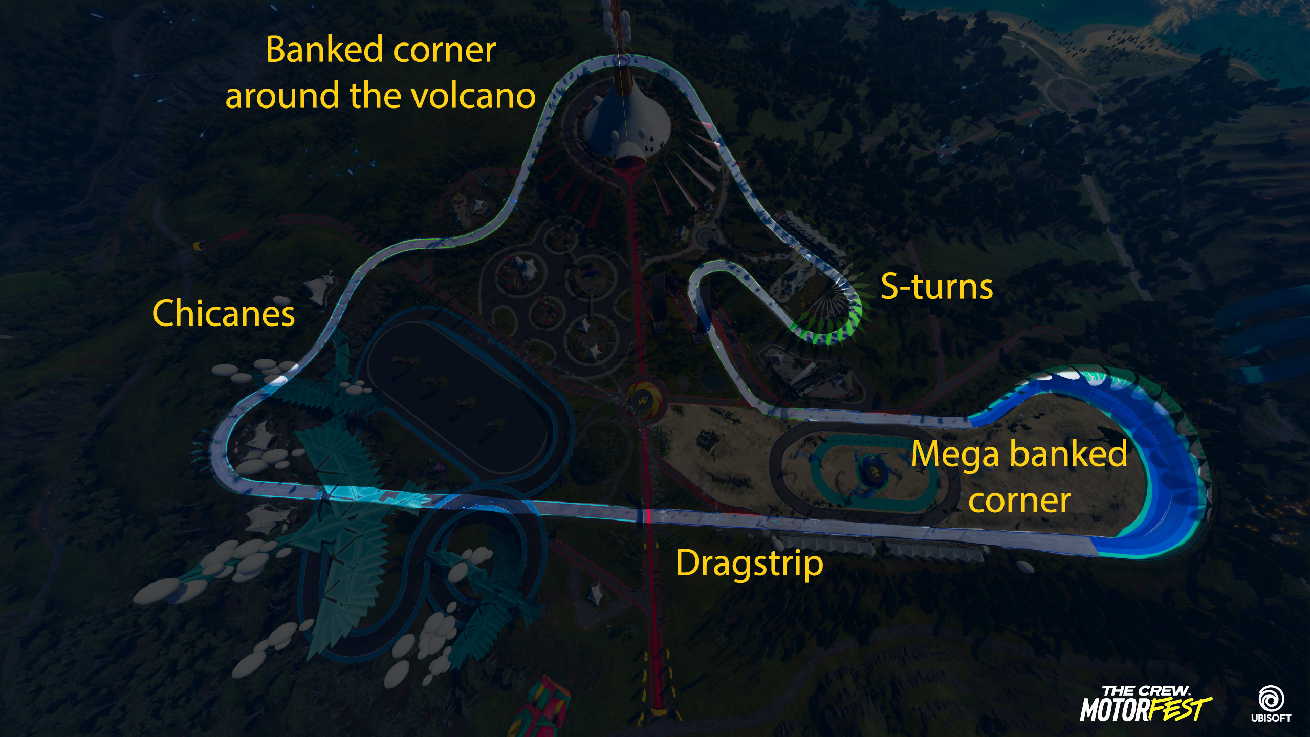 The different features of the race track around the Festival area