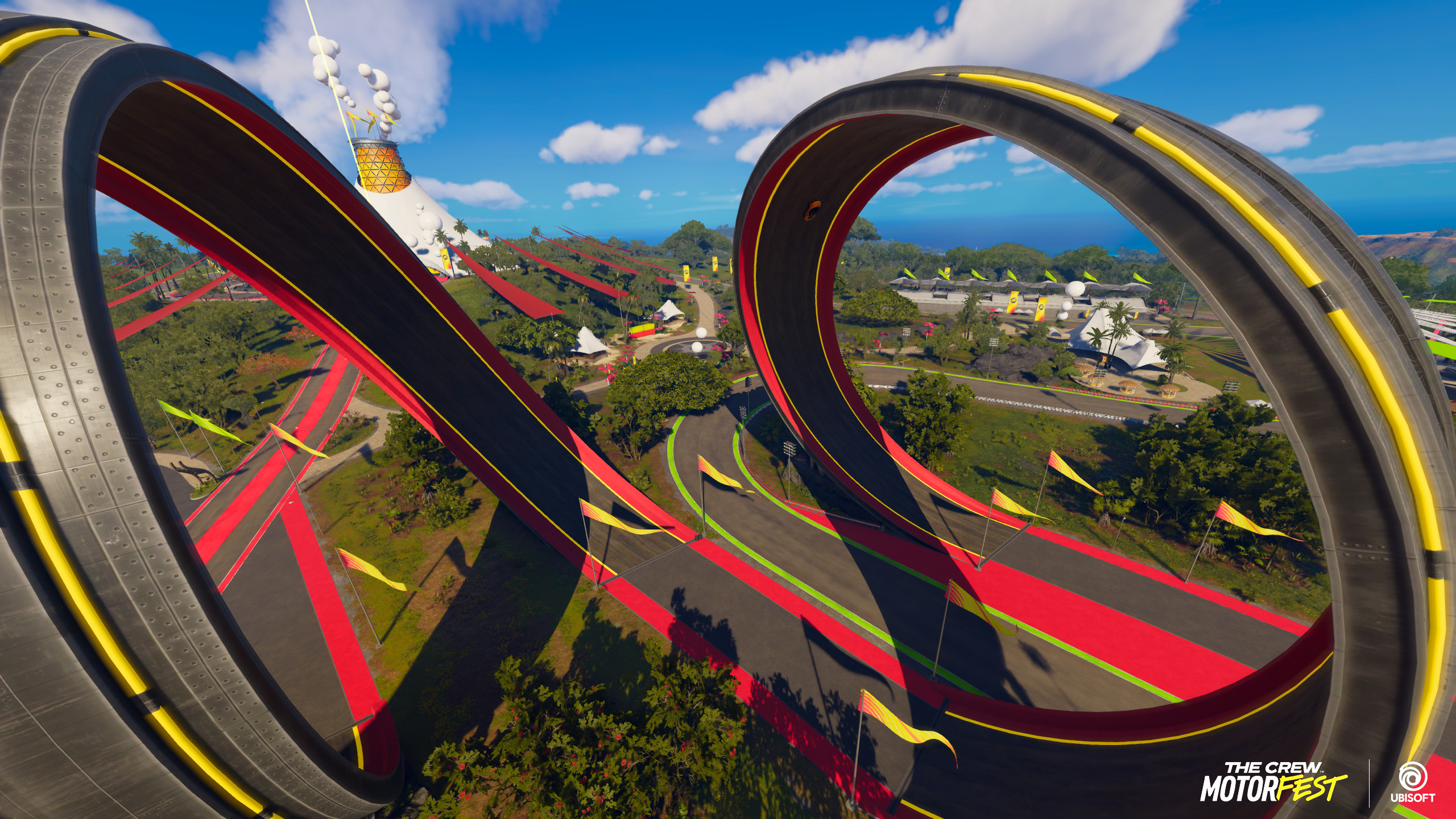 After the mega banked corner, players pass by one of the more whacky sections of the Festival, a massive M that acts as a loop where players can drive through. I initially did a prototype of this with basic modules that was later properly modeled by art.