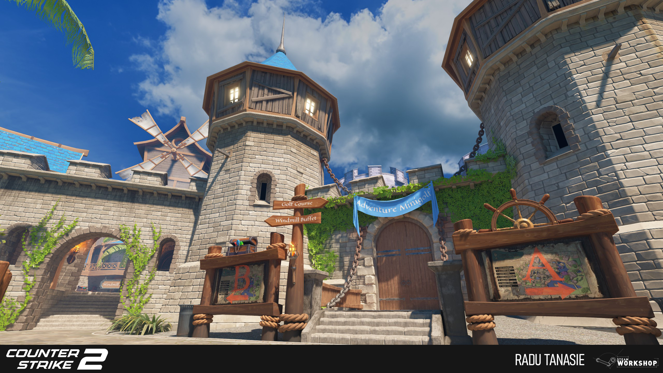 The spawn area for the attacking team which serves as the entrance to the golf course. I was responsible for blocking out this area and later designing the signange with Florian Wagner. 