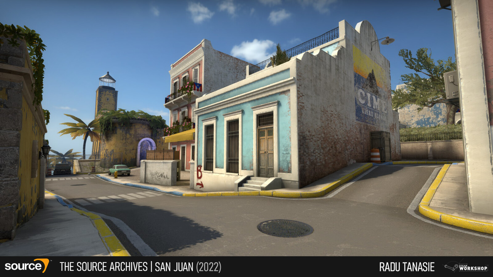 The defending team begin in a street facing three residential buildings and 2 distinct landmarks to their sides.