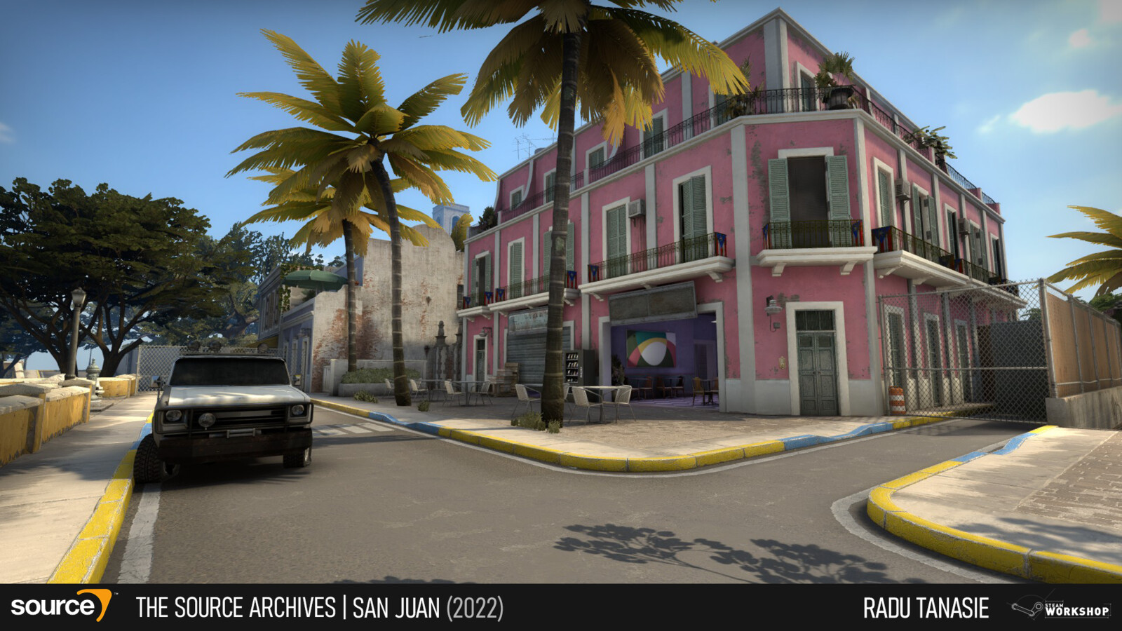 The attacking team starts similarly in a street, but is facing a bright pink hotel.