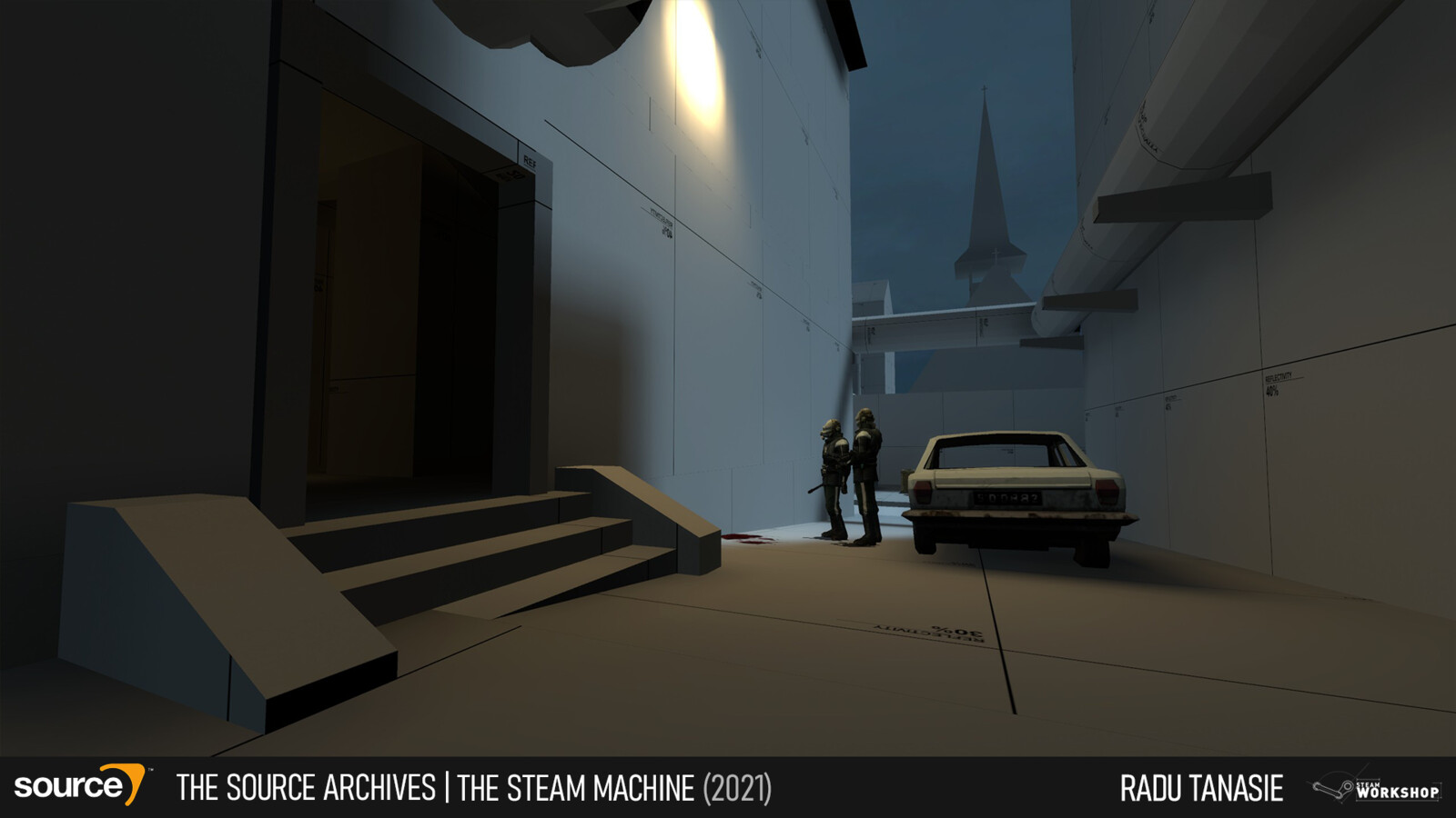 Combine soldiers investigate a suspicious blood stain in a side alley.