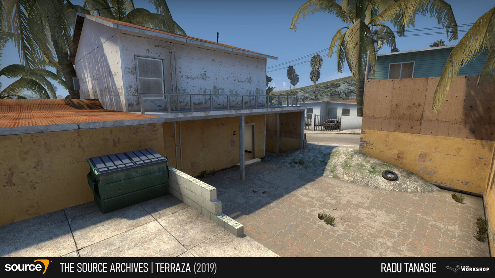 For the level’s choke points, the contested spaces where both teams meet, I wanted to have one area that played more like a mini-battle zone and another that was more easily defendable. Consequently, the left part of the map is more open.