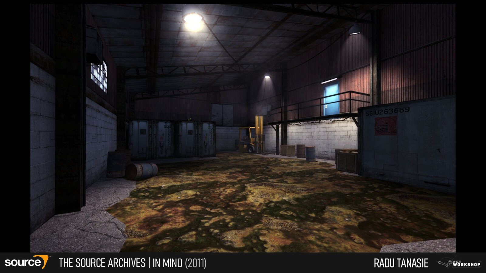 Classic Half-Life toxic sludge in a warehouse where you need to activate the forklift to progress.
