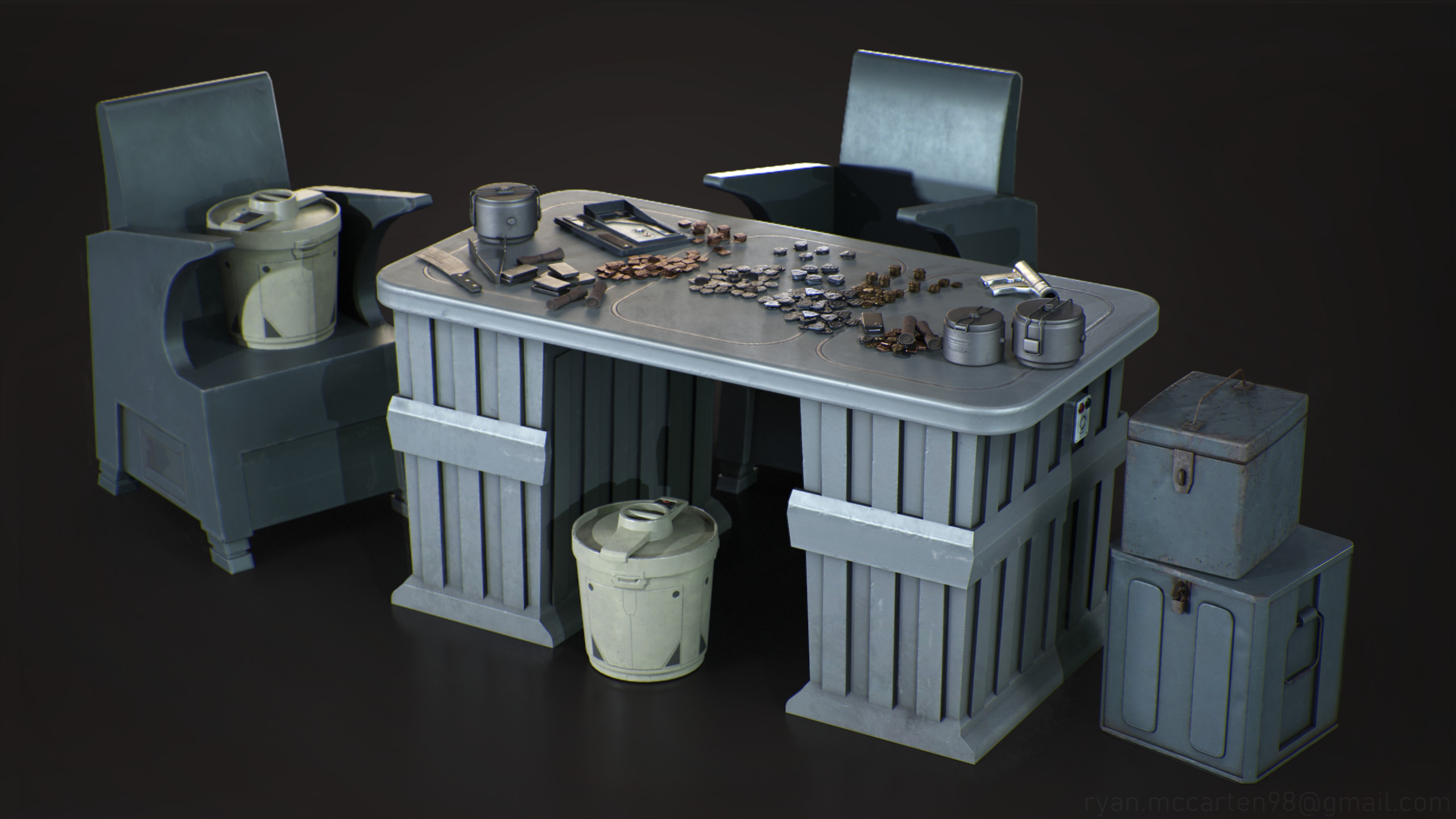My contribution to this kit included the chair, camtono case, and miscellaneous set dressing assets on the table