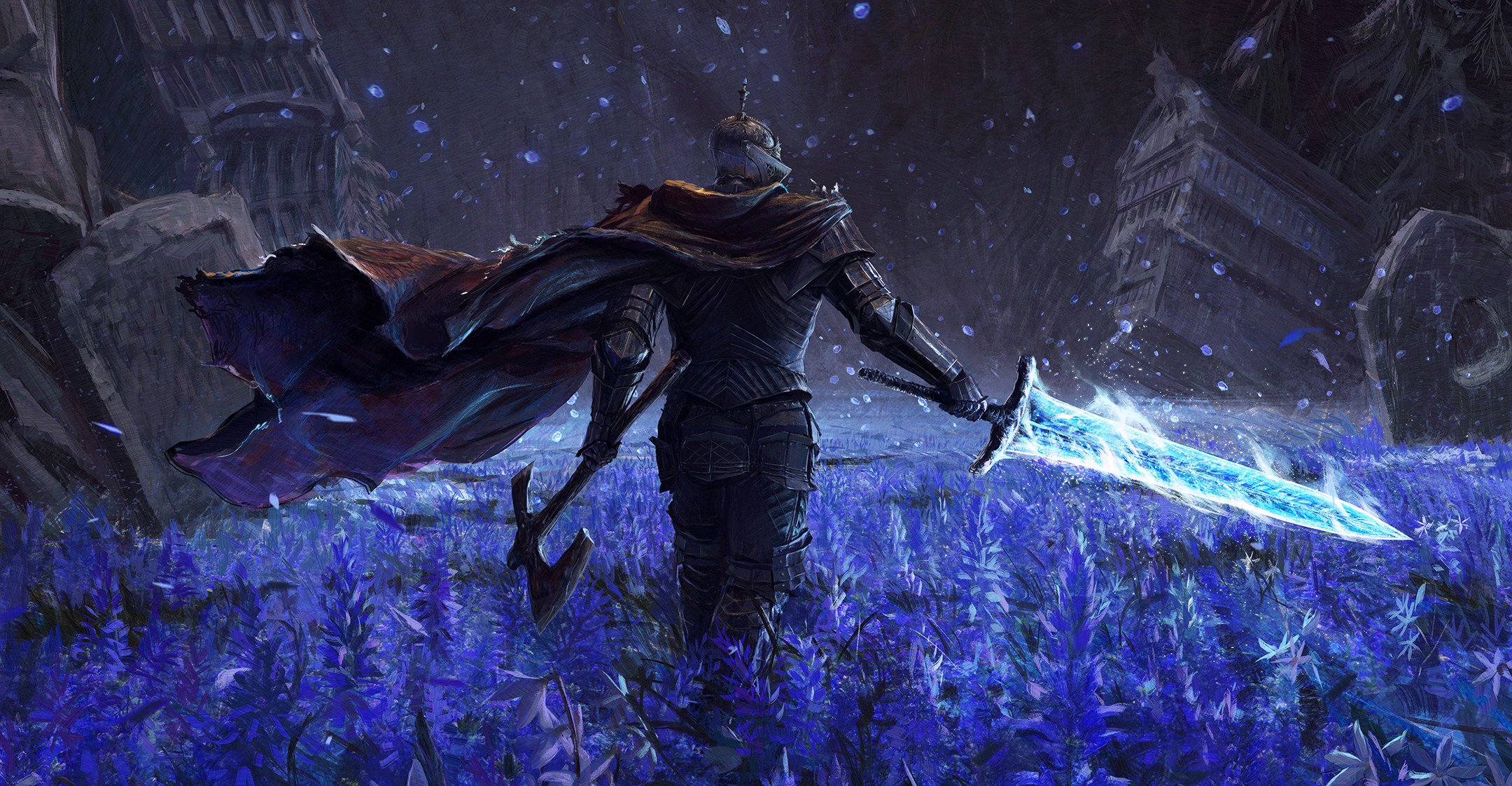 Solitude Knight with Carian Knight helm, Smithscript Axe, and Darkmoon Greatsword