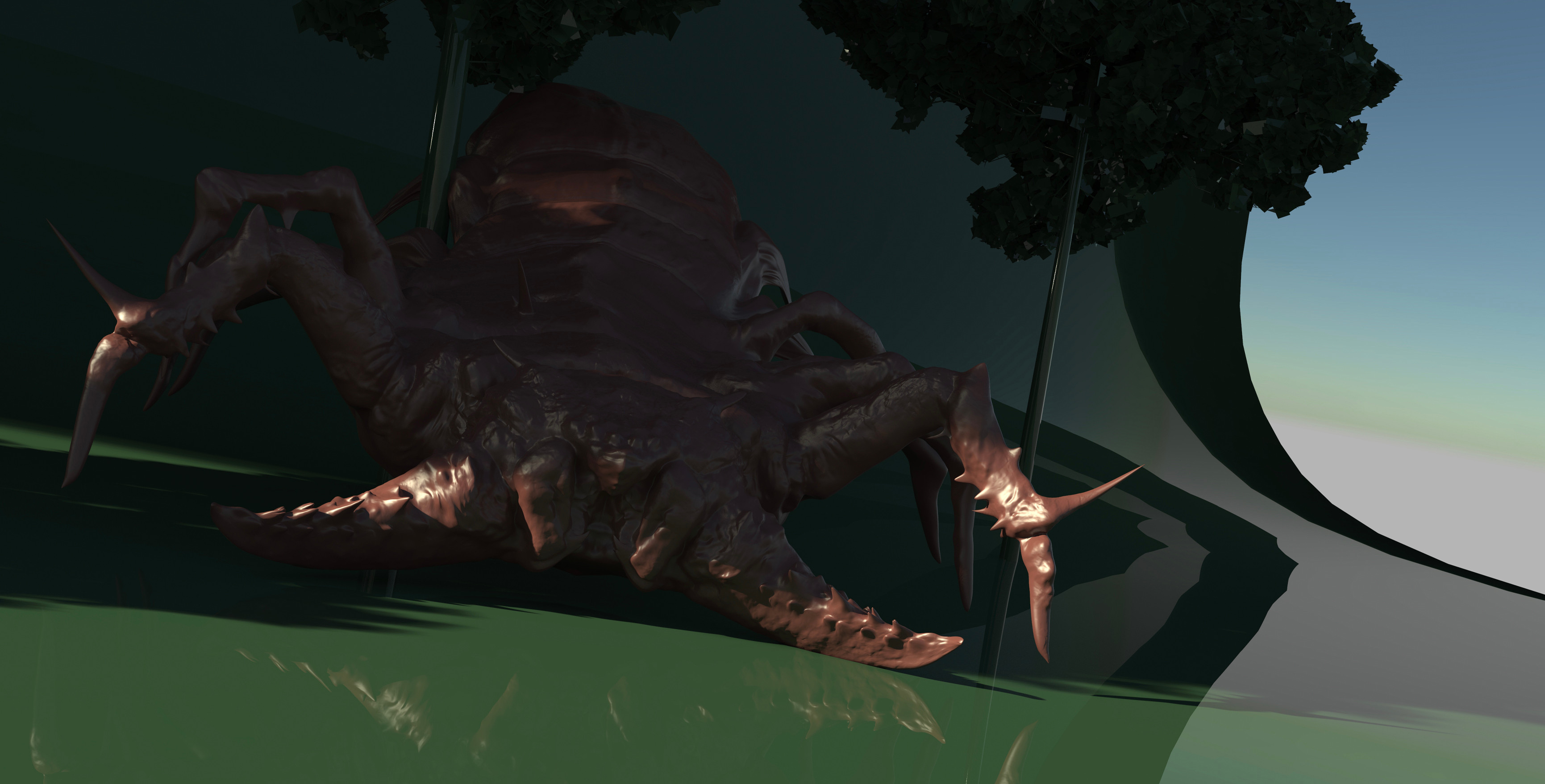One of the two renders of my Zbrush sculpt that were combined for the base of the illustration - glossier red material for the mandibles and different tree placement for dappled lighting