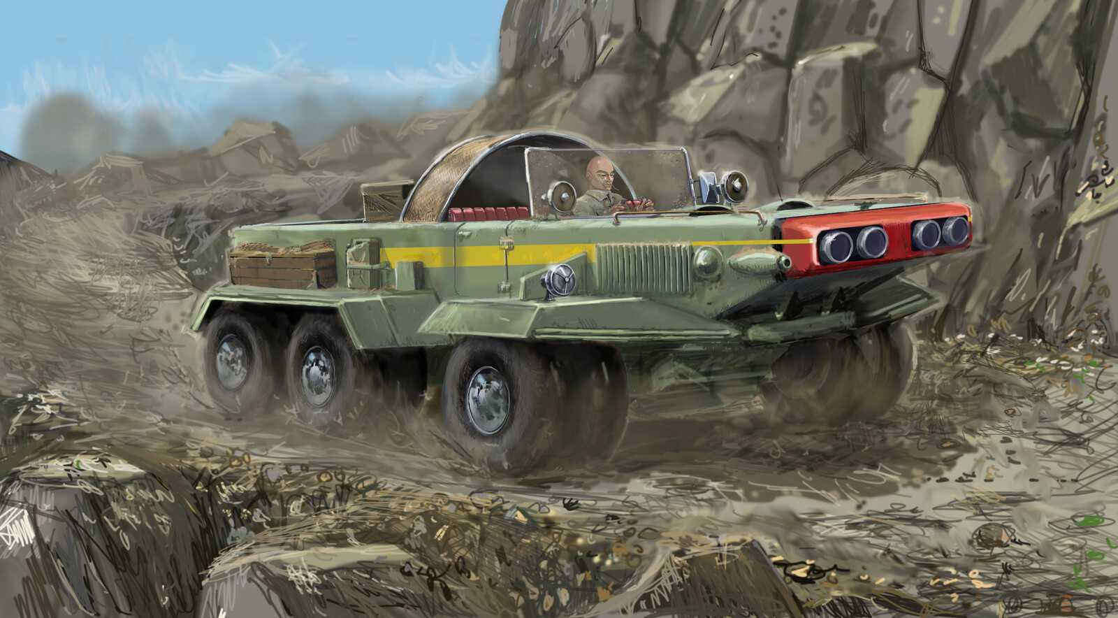 6-WHEEL JEEP
From ‘Thunderbirds’ as 
appeared featured in the episodes ‘Cry Wolf’ and 'Martian Invasion'.  The Hood uses it as his preferred high speed, off road transport! 
Designed by Derek Meddings