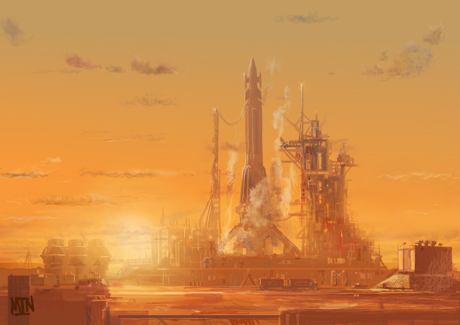 SUNPROBE
Rocket preparing for launch. An imagined view of the spaceship at sunrise.
