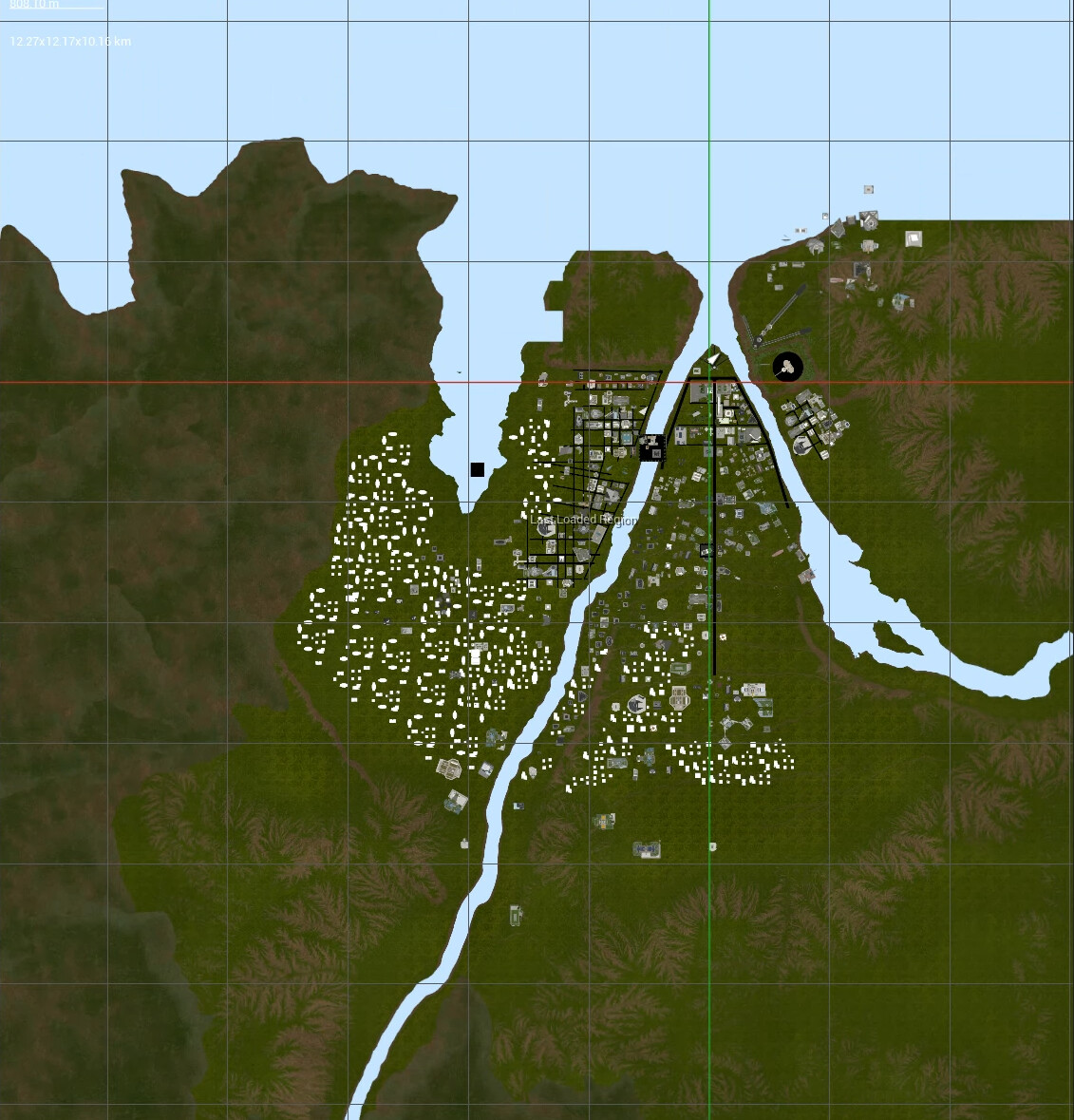 World partition minimap view. The city's buildings were ~90% placed. 
Optimizing this level was by far the most difficult. After the 1st pass, avg draw calls went from 7500+ to &lt;3000. The level still required ~18GB VRAM in-editor and ~30GB to render.