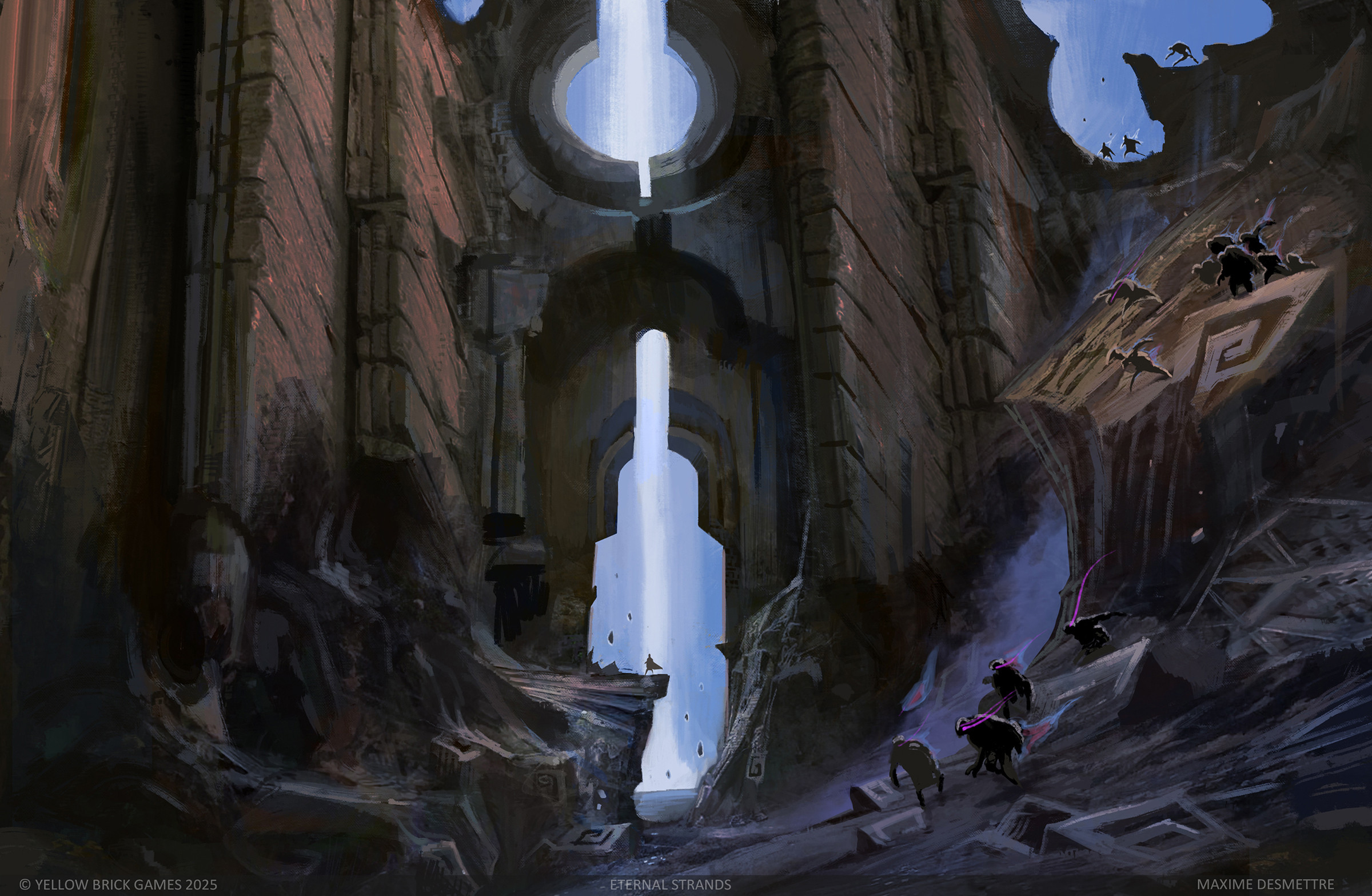 Early concept art of the underground area. Unusual rock formations to remind the magic that flows in this place, and a man-made structure in the back to show the place has been developed