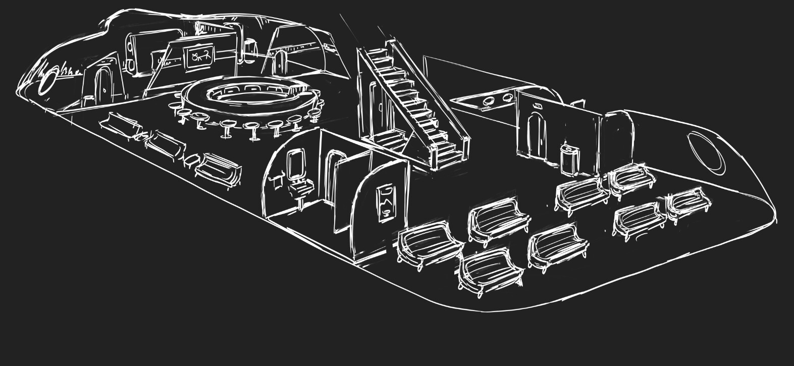 Centralized stairs to open more space. Added bathrooms to break up area.