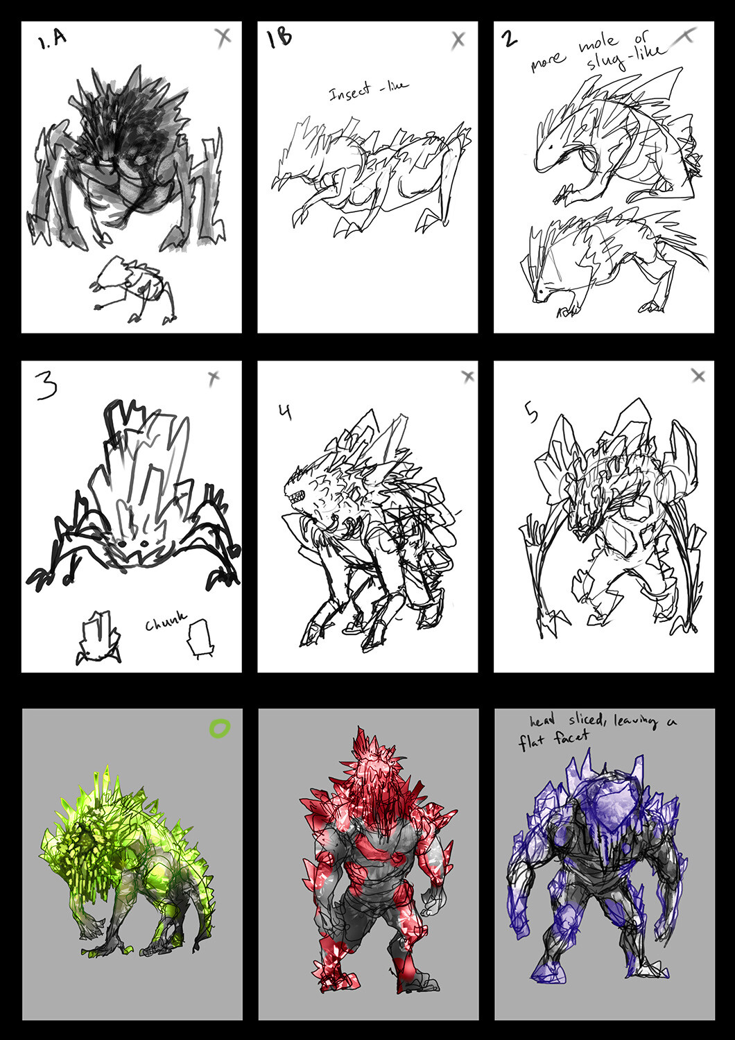Concept sketches for a crystal creature. 