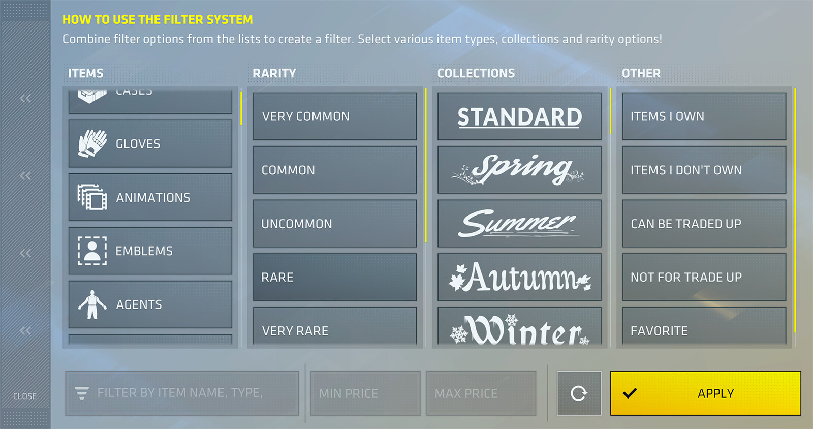 The filter menu or view.