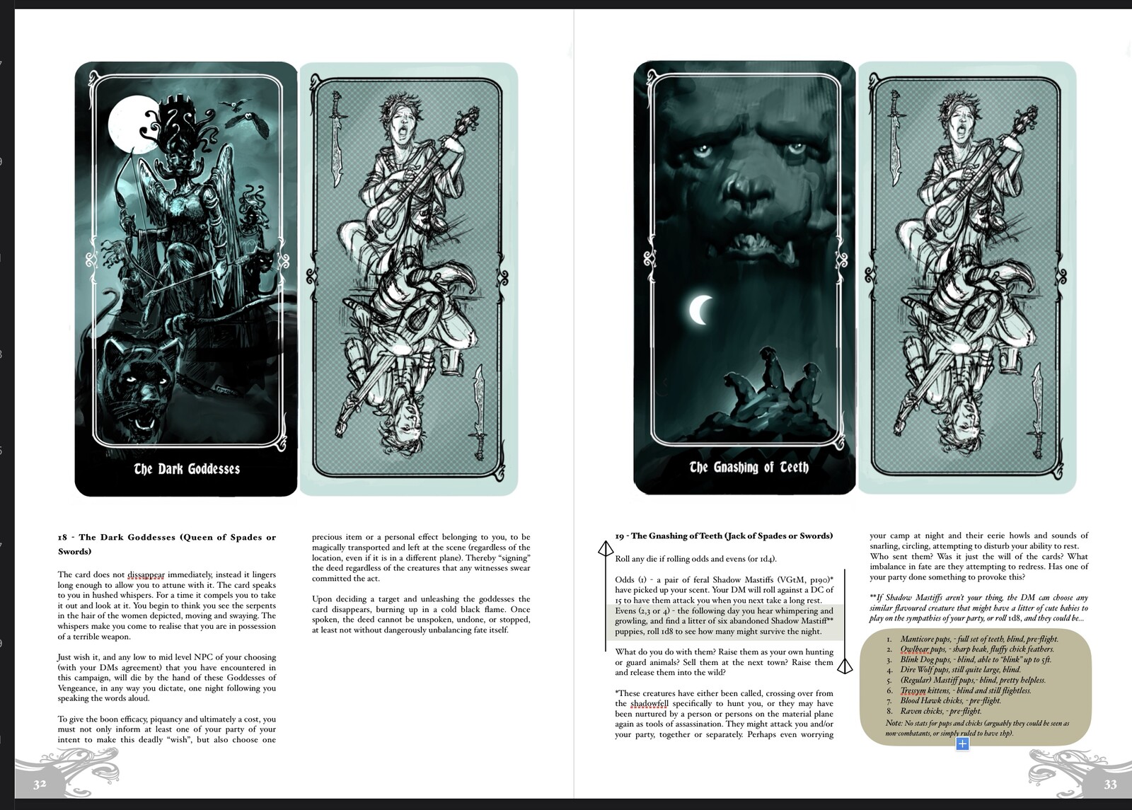 More card art, again with individual and multiple outcome rulings that here include a separate table to roll against.