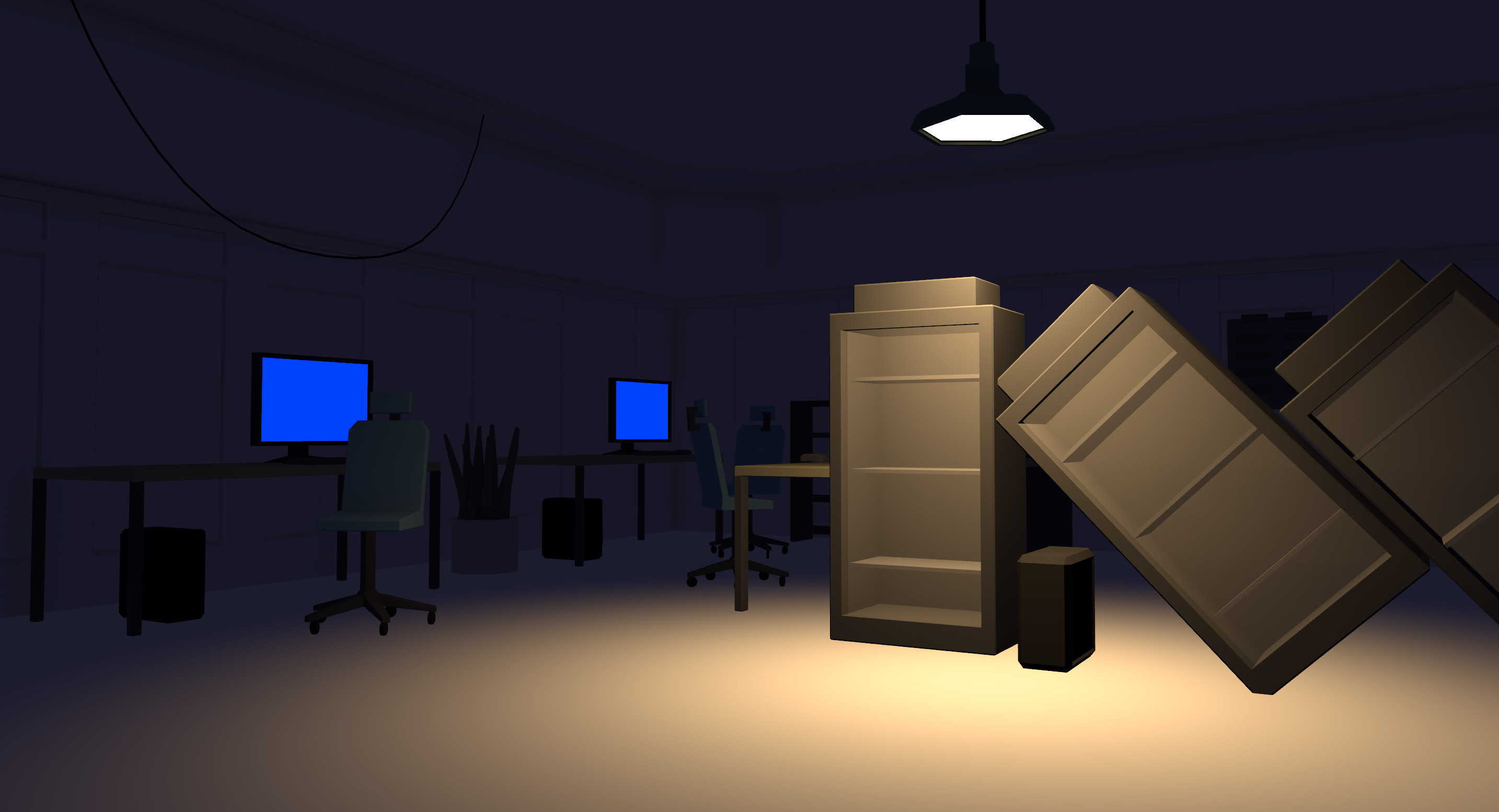 In game screenshot of my repurposed assets (tables, chairs, computers, plants) and my team's original assets for the game.