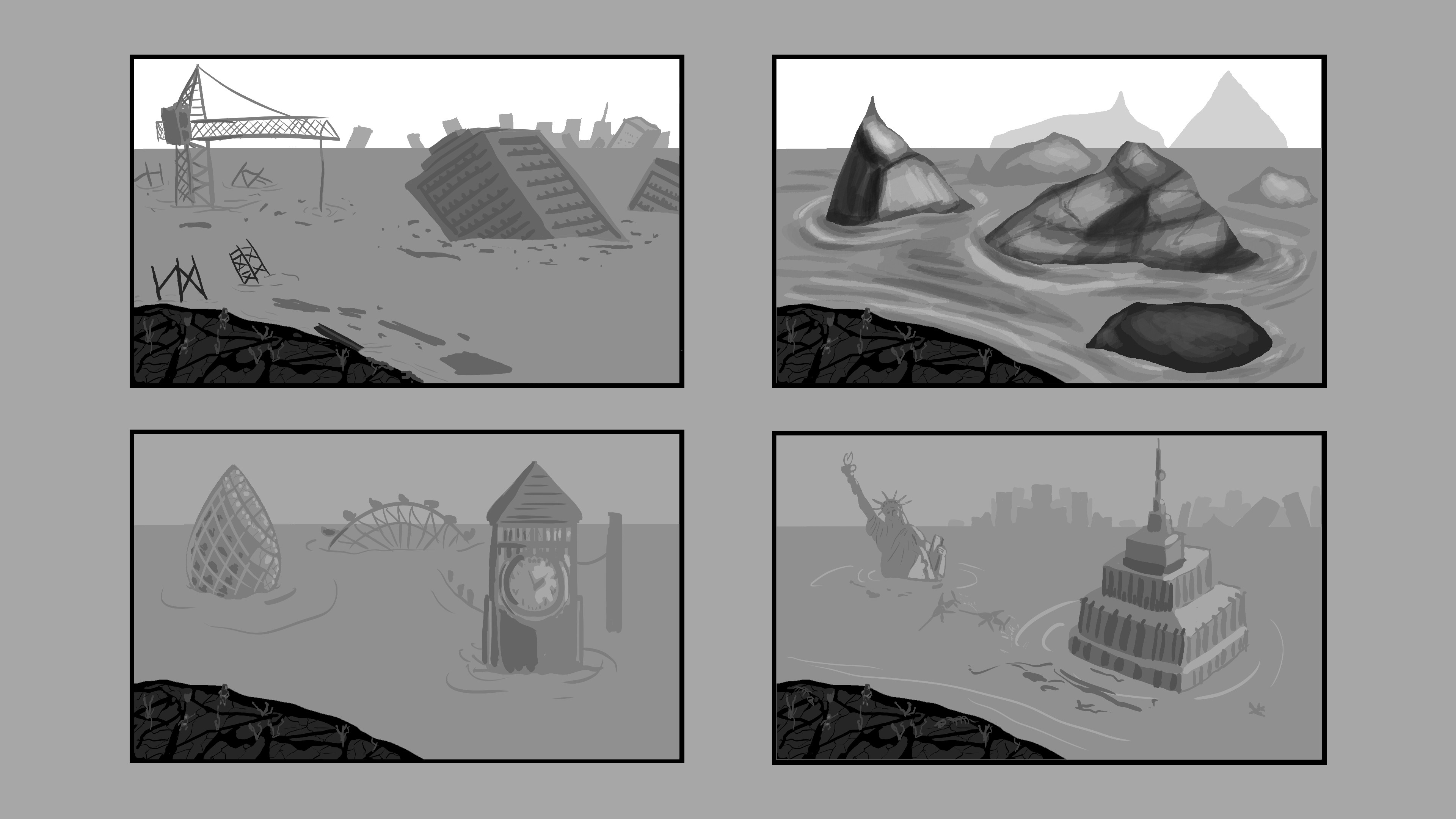 Value paintings of a view of the world after rising sea levels which forced everyone underground.