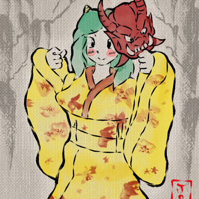 Sumi-e Lum Oni Painting