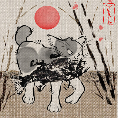 Sumi-e Neko Cat with Gyotaku Fish