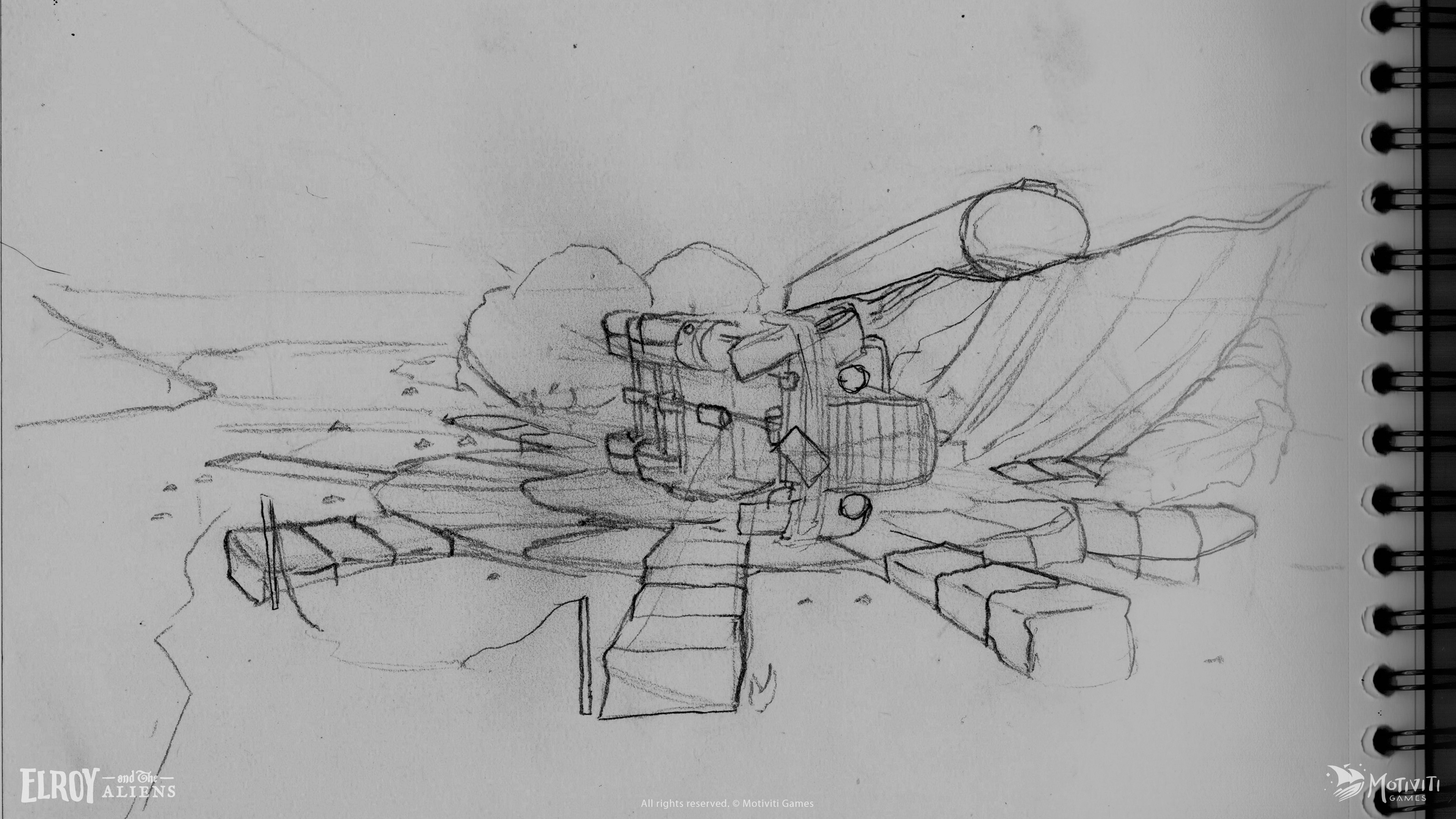 The first sketch for this scene had a old truck in the centre. After we figured out what the puzzle should be, I removed the truck and proceeded with the end layout of the scene.