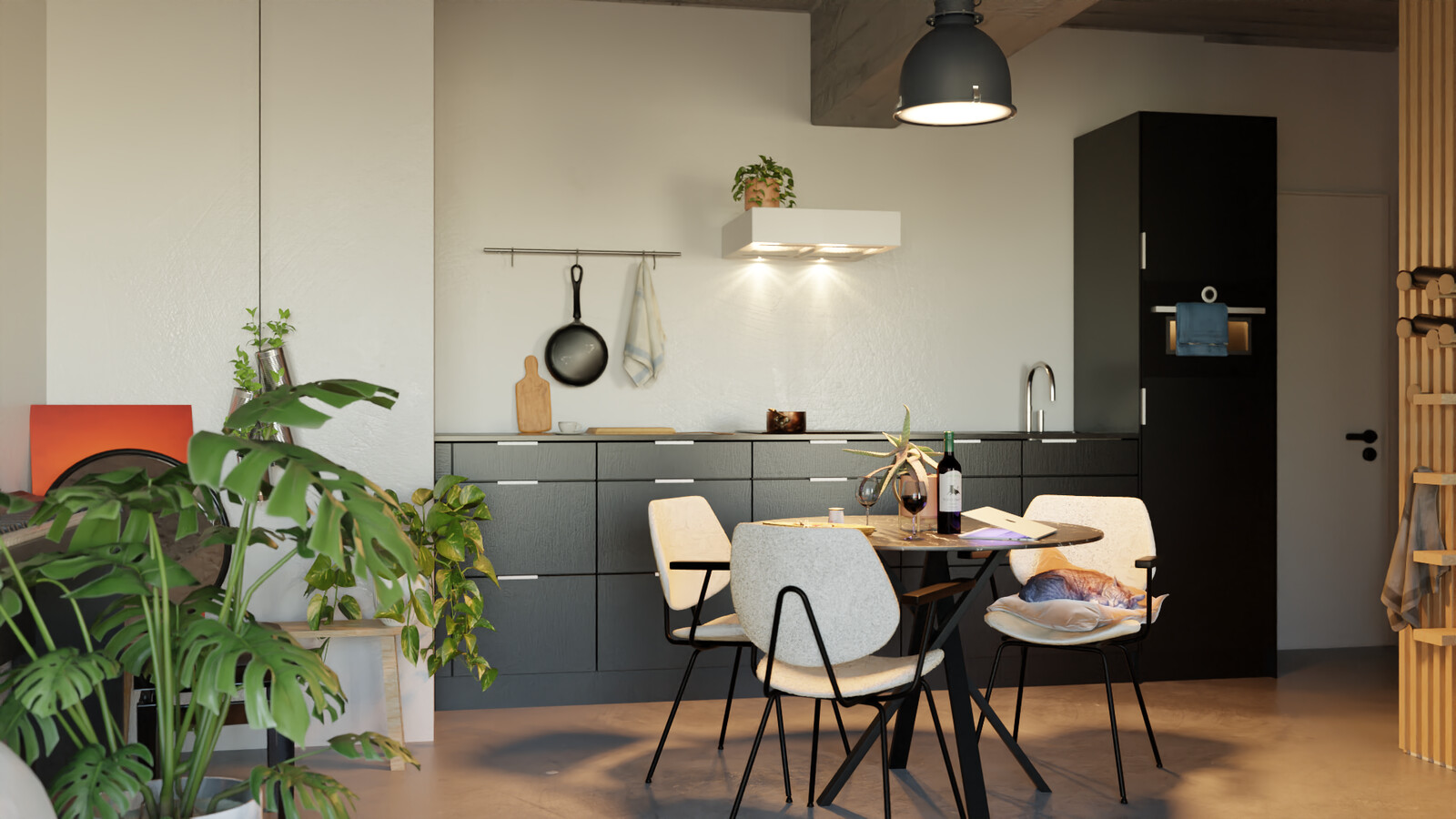 Daytime render. The apartment was North facing so I calculated the sunlight and sun positioning to be realistic.