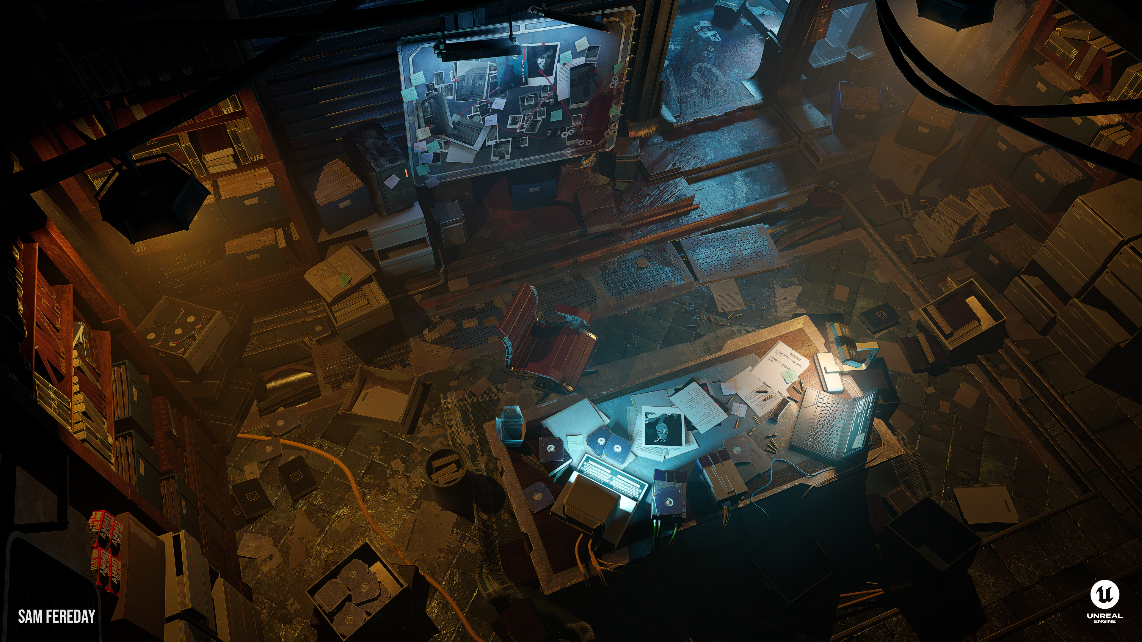 However, with the project being inspired by noir films, it felt only right to add an overhead view to reveal further hidden details. I'm a great fan of adding silhouettes in the foreground to give a better sense of depth.
