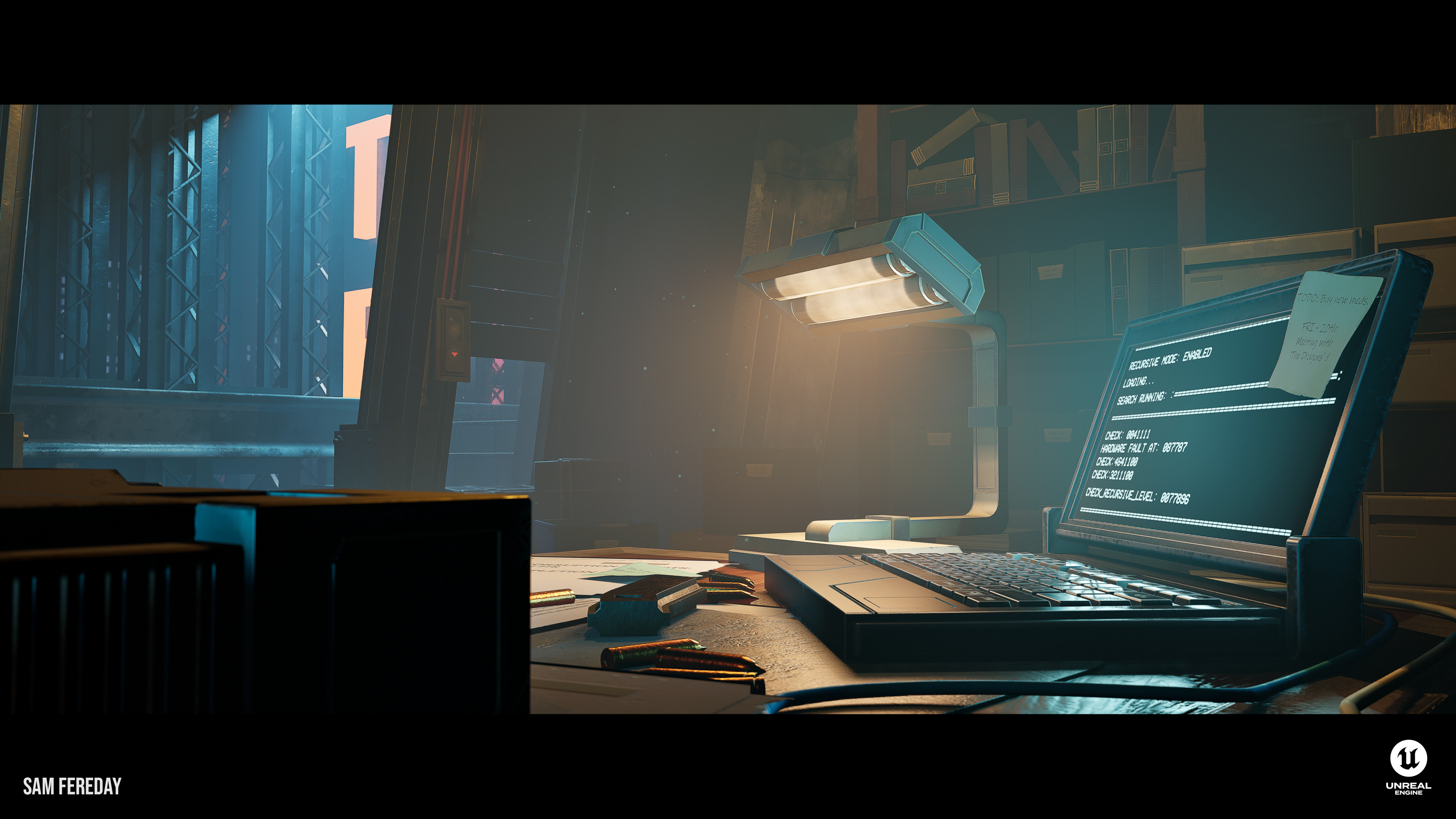 A slightly different angle of the desk area, here I wanted to drop a hint that there's a larger world outside the doorway. The laptop was a lot of fun to create, especially creating the random command line stencil.