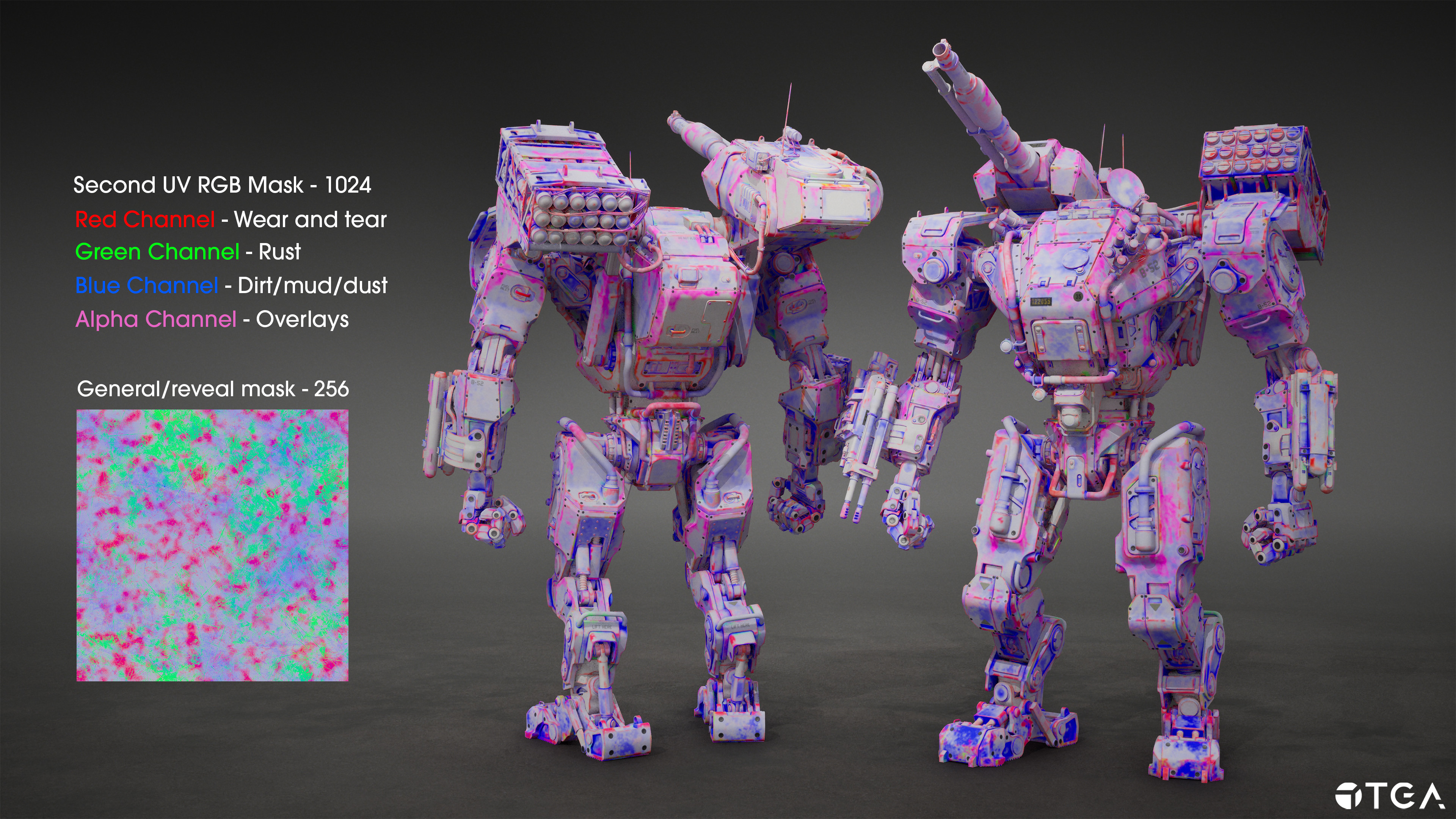 I made a second UV channel on the model, and created a blurry RGB mask in Substance Painter. The mask controls where I blend between my materials in the shader. I used a 256 reveal mask to enhance the RGB mask.
