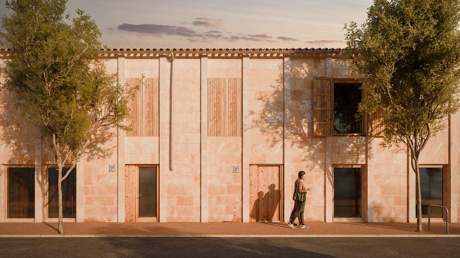 Frontal view of the apartment building. 
