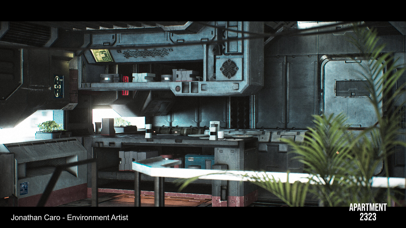 Kitchen above living room.