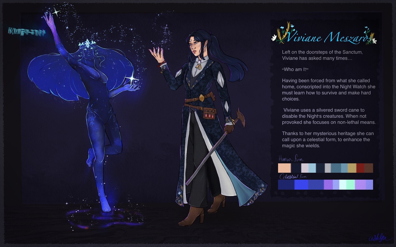 Viviane Meszaros's reference sheet, complete with her transformation into a celestial being. 