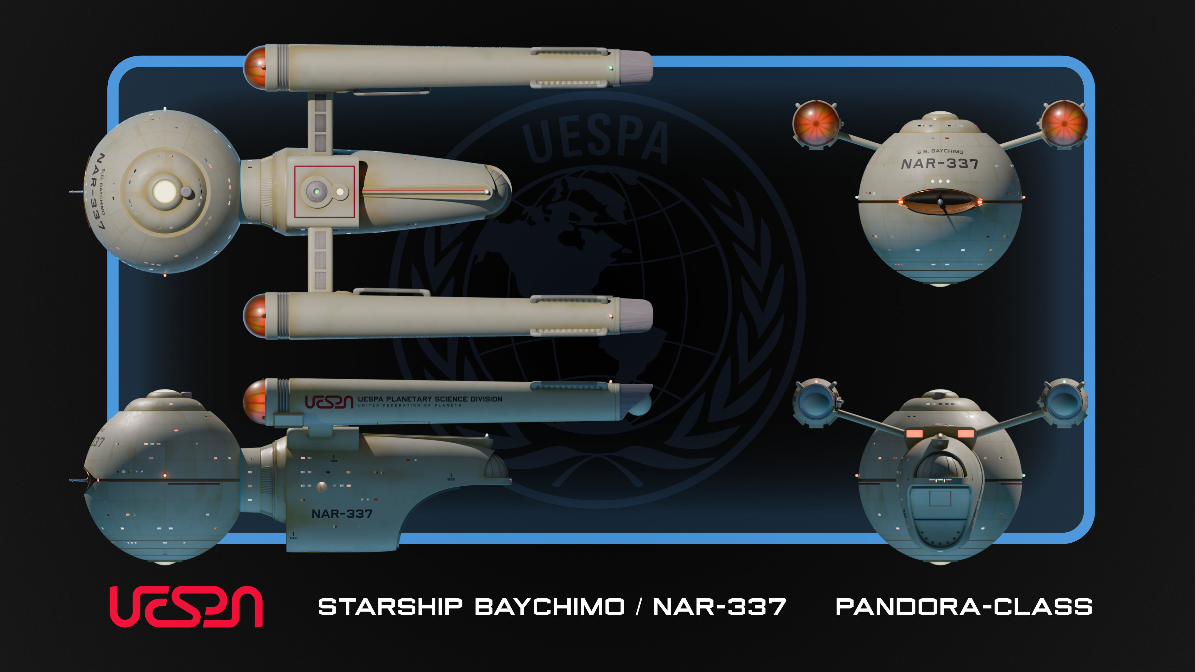 Orthographic views of S.S. Baychimo, an example of a Pandora-class starship.