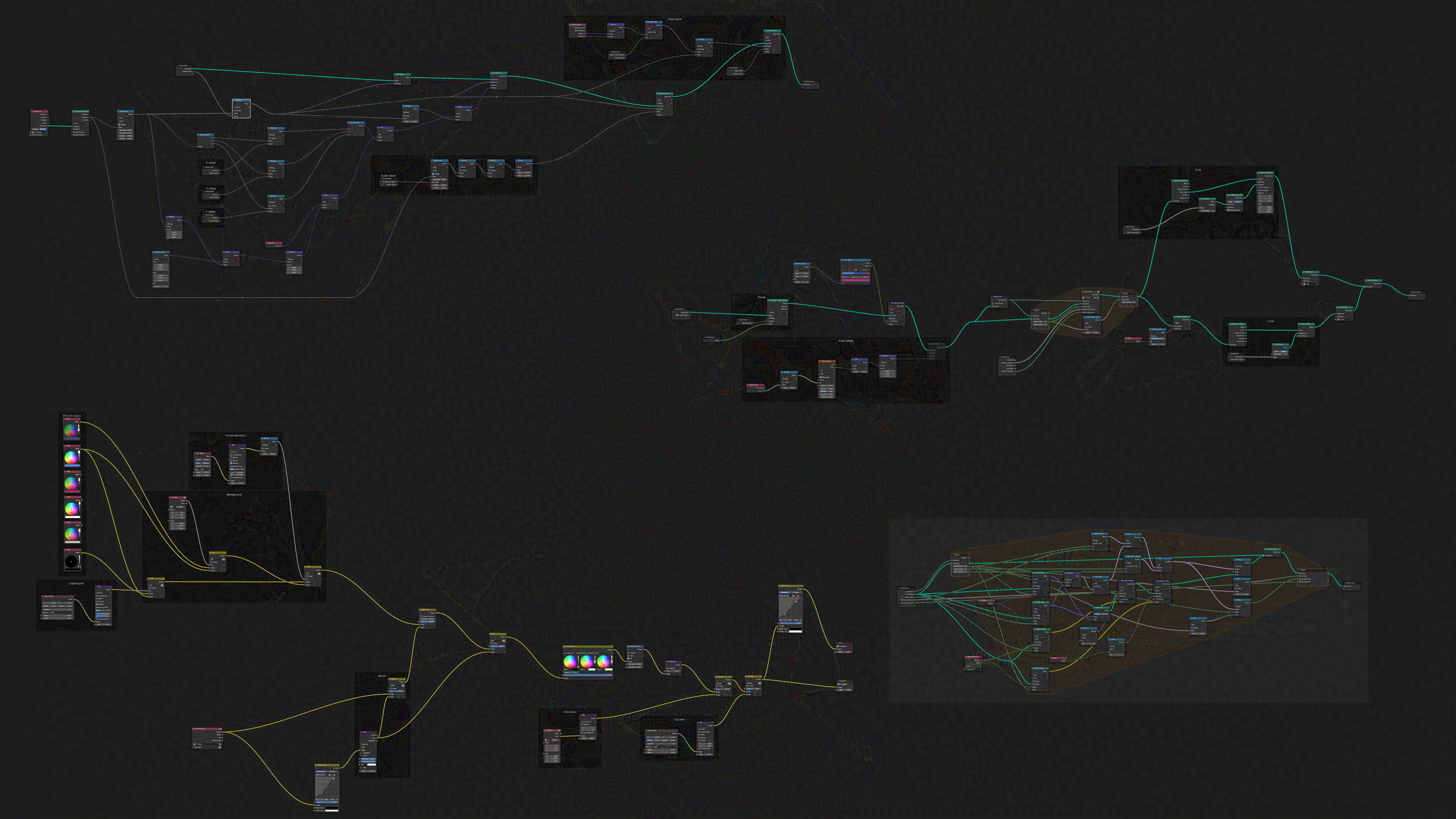 Obligatory node tree p*rn. A compilation of various Blender geometry nodes and internal compositor.