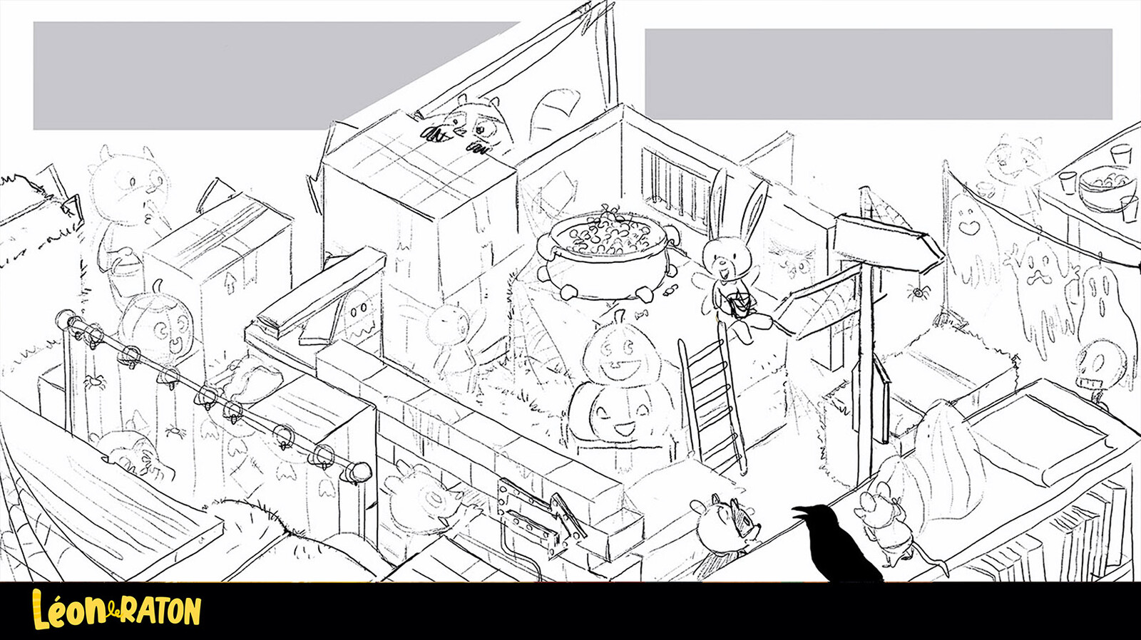 Léon le raton - Maison hantée, bonbons à volonté.
Croquis d'un labyrinthe fait de bric à brac