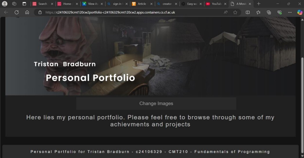 Home Page: Demonstrates a cycle of the main projects in the portfolio. Clicking the "Change Images" button to cycle as and when you want.