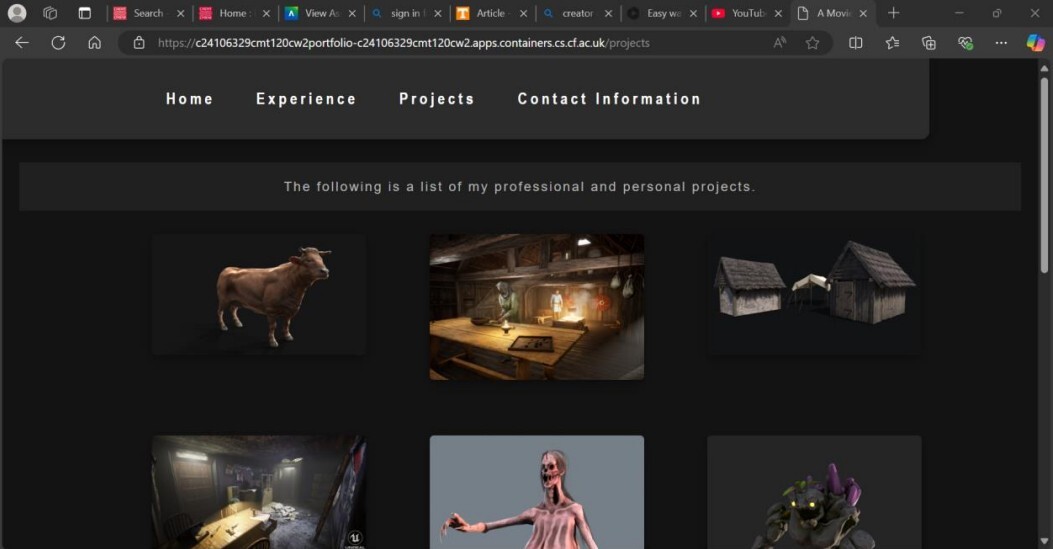 Projects Page: This dynamically displayed image content and associates them with links to each project. Demonstrates some good use of CSS and styling elements.