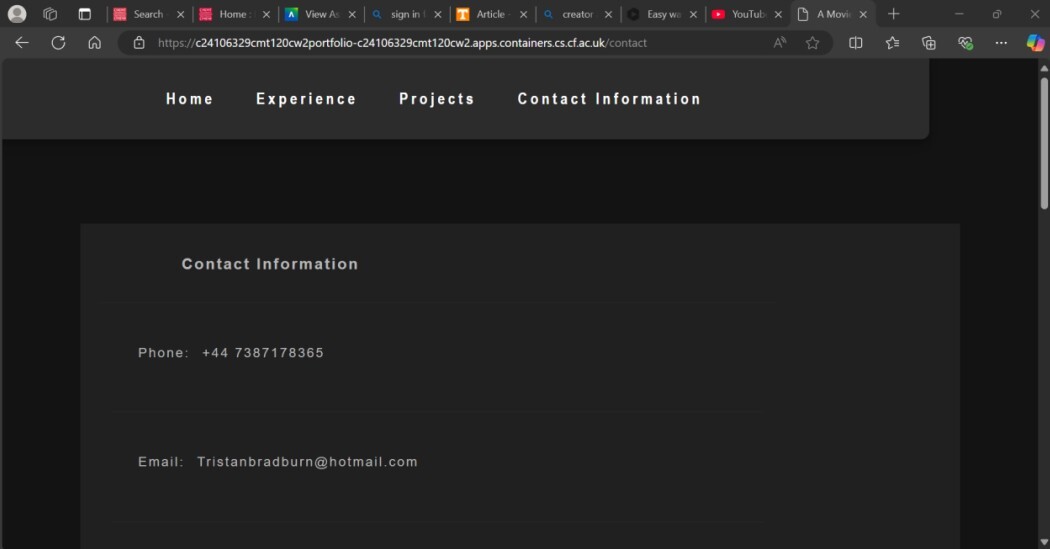 

Contact Information Page: This just displays my contact information and under the languages tab, you can find two buttons that convert the contents of the page to an the associated language (Eng / French)
