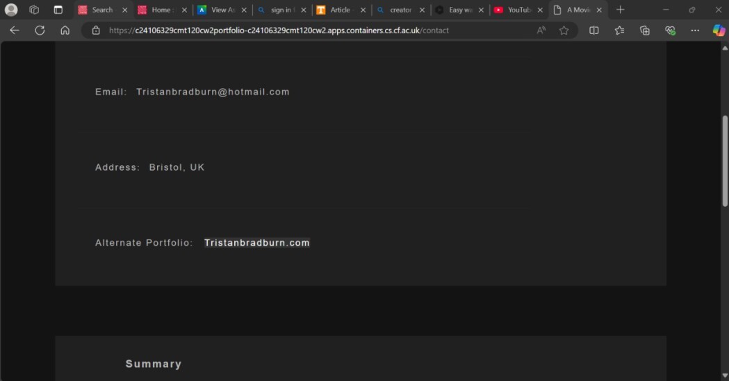 Contact Information Page: This just displays my contact information and under the languages tab, you can find two buttons that convert the contents of the page to an the associated language (Eng / French)