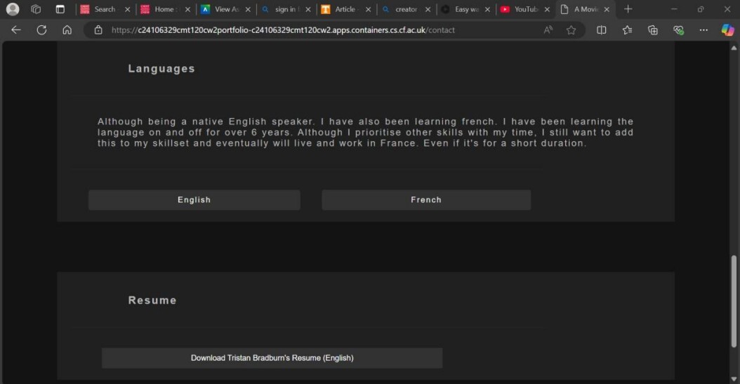 Contact Information Page: This just displays my contact information and under the languages tab, you can find two buttons that convert the contents of the page to an the associated language (Eng / French)